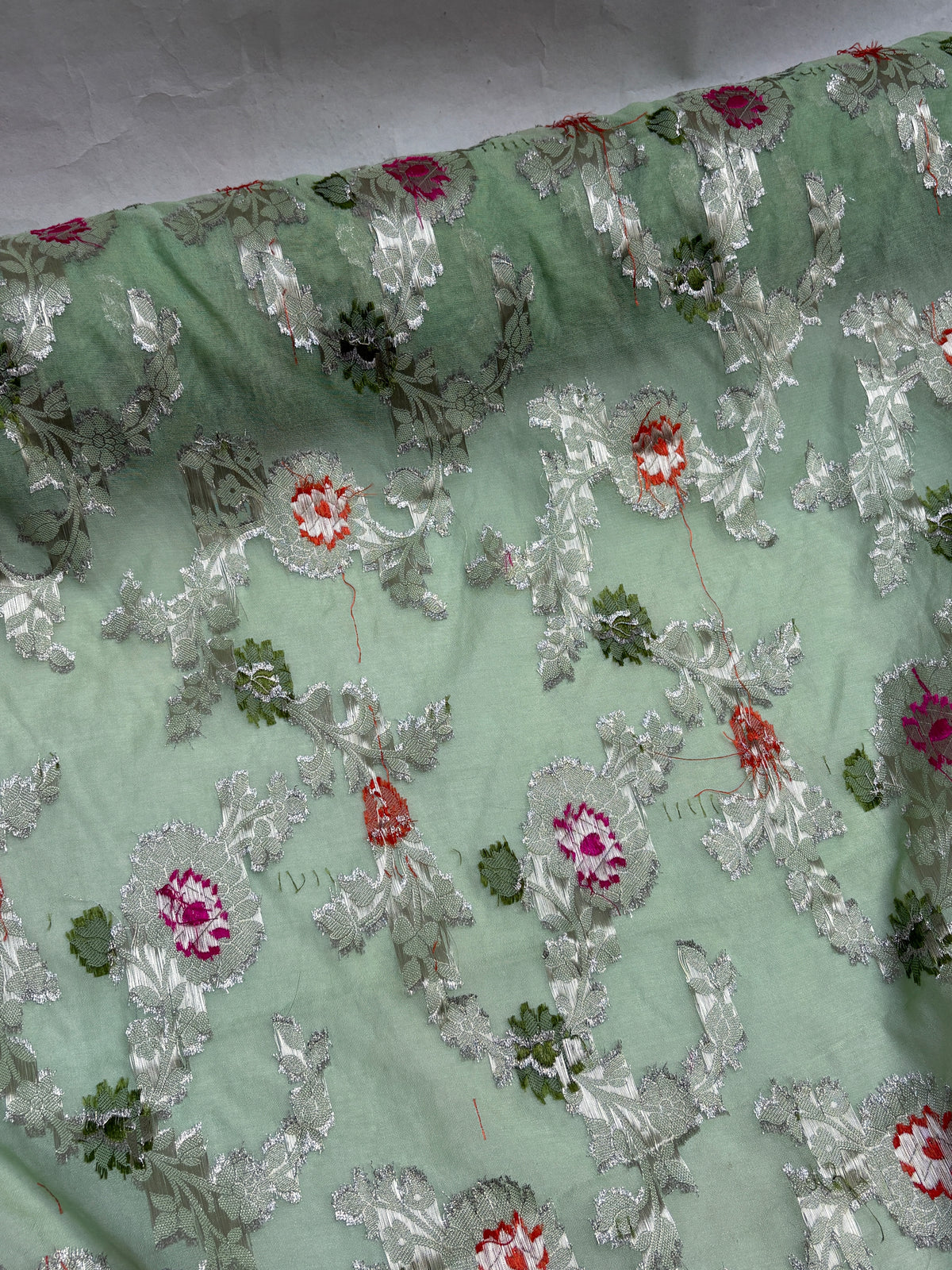 Sari Embroidered Fabric, Patterned, Green, Light Weight, End of Roll
