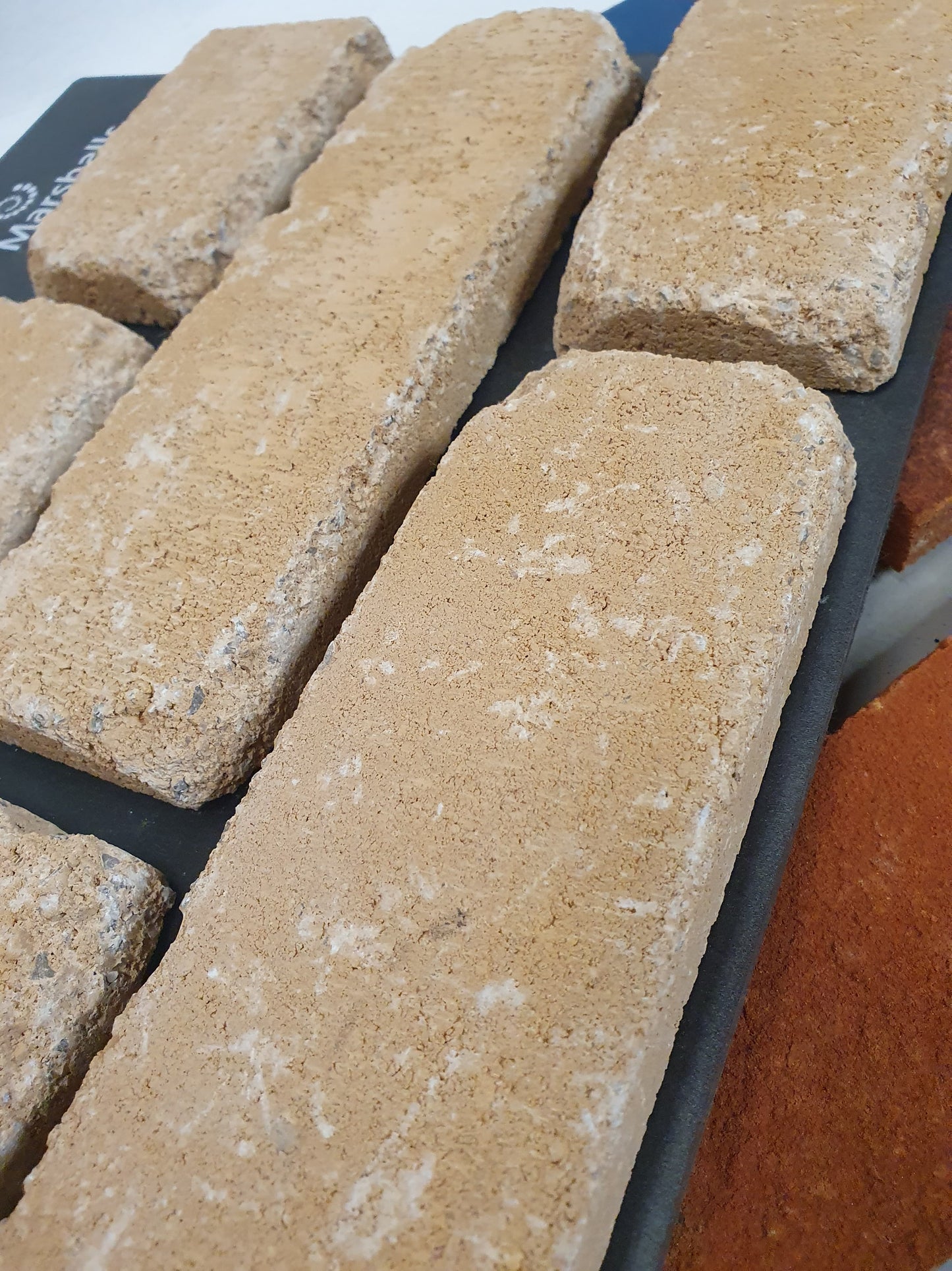 Close-up of textured cream brick samples with rough stone-like surfaces.