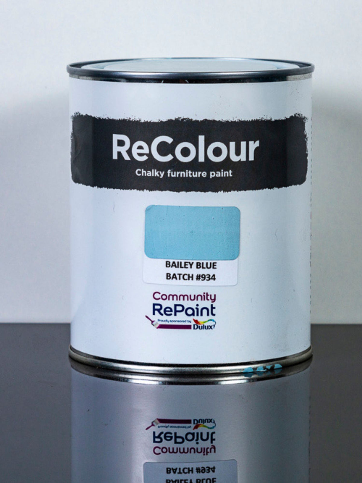Paint can of ReColour chalky acrylic furniture paint named "Bailey Blue"