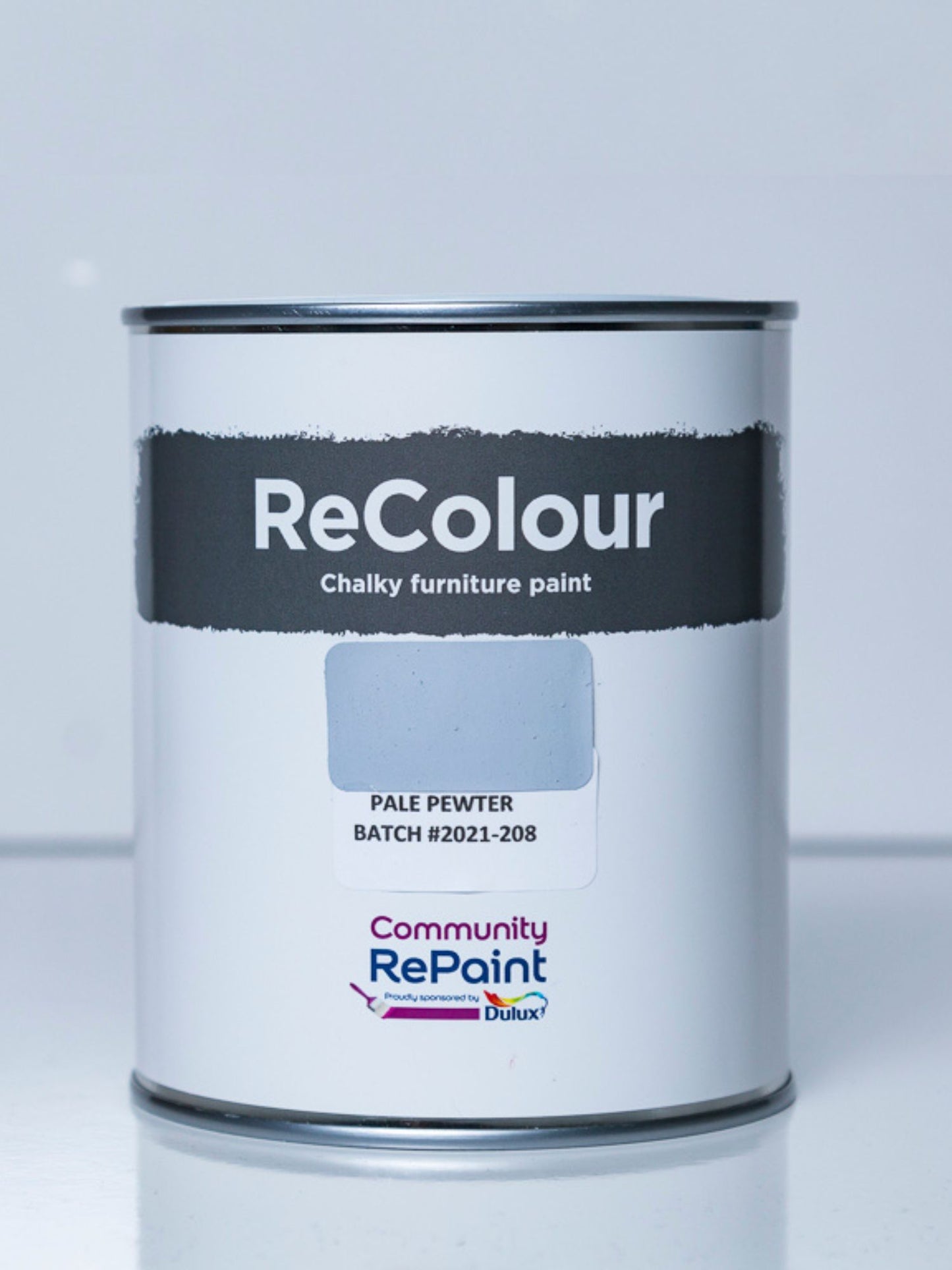 Paint can of ReColour chalky acrylic furniture paint named "Pale Pewter"