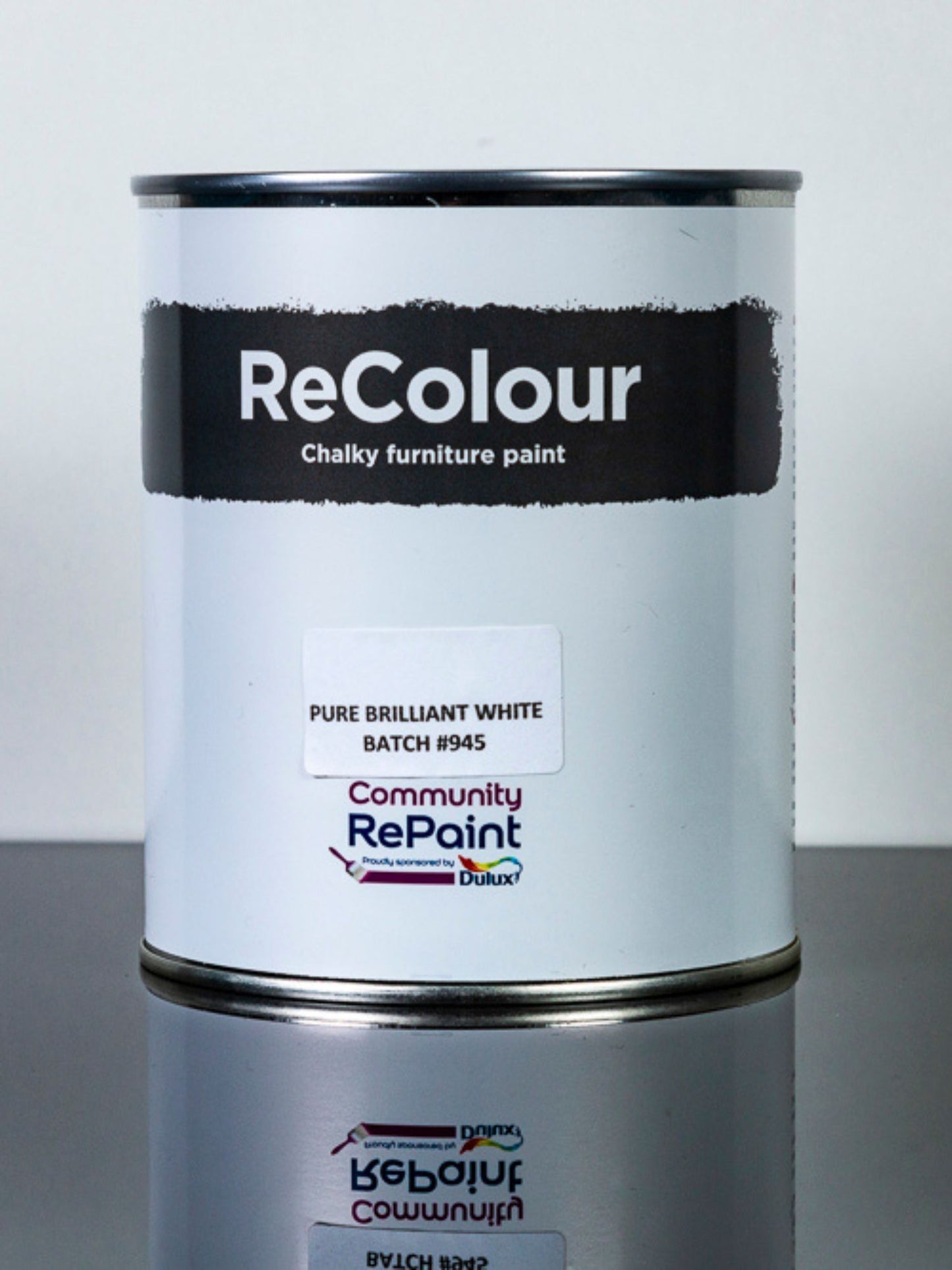 Paint can of ReColour chalky acrylic furniture paint named "Pure Brilliant White"