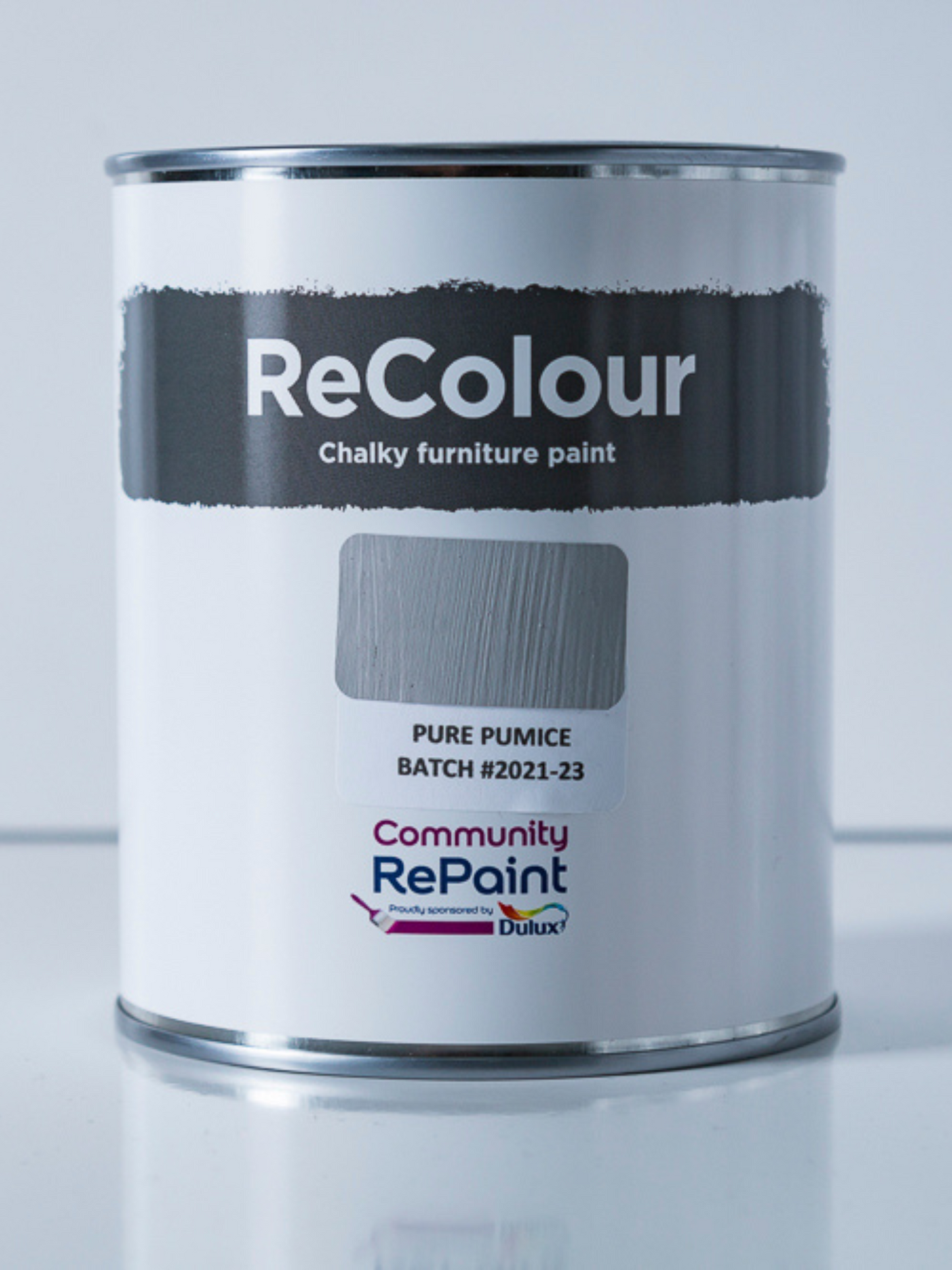 Close up of a paint can of ReColour chalky acrylic furniture paint named ""