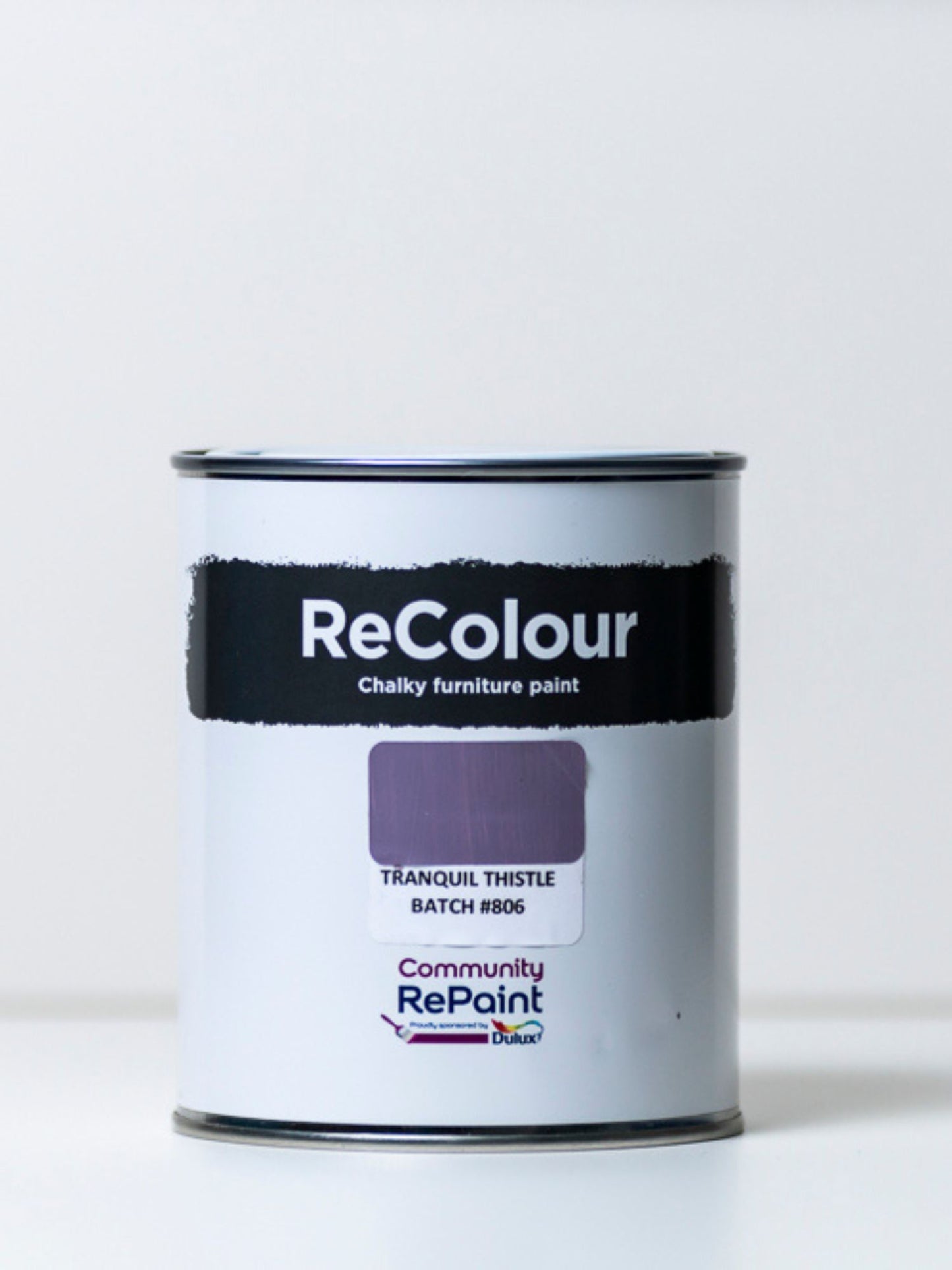 Paint can of ReColour chalky acrylic furniture paint named "Tranquil Thistle"
