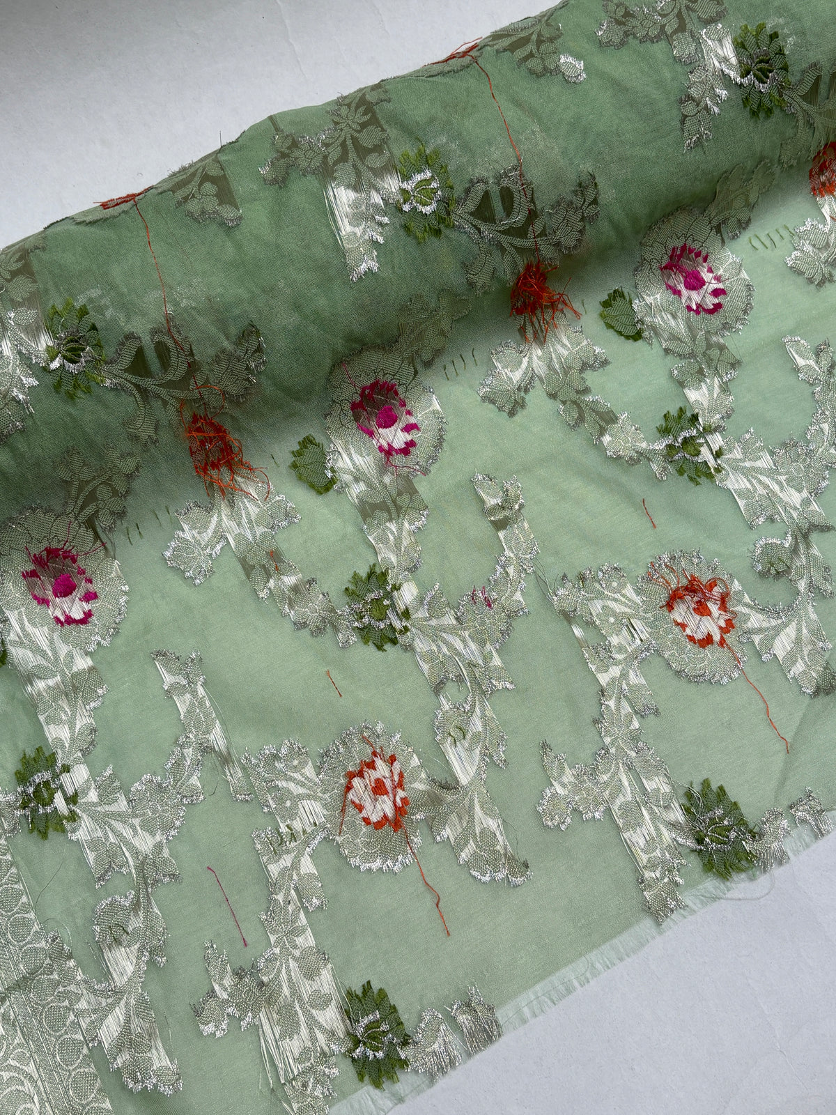 Sari Embroidered Fabric, Patterned, Green, Light Weight, End of Roll