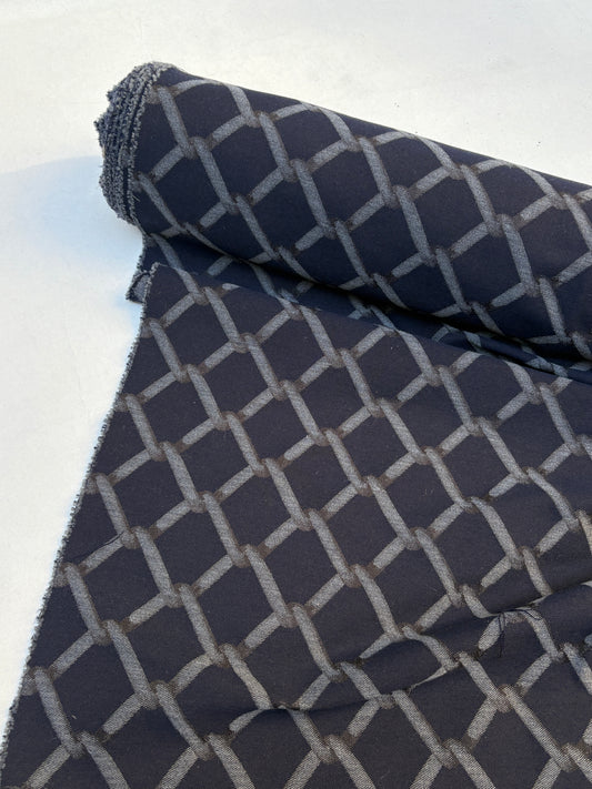 Fabric, Cotton & Wool, Navy Jacquard, Medium Weight, End of Roll