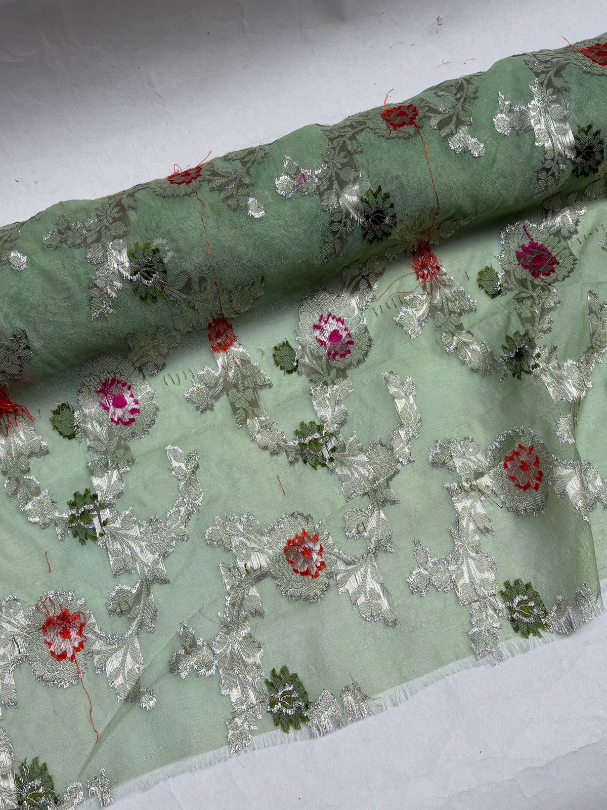 Sari Embroidered Fabric, Patterned, Green, Light Weight, End of Roll