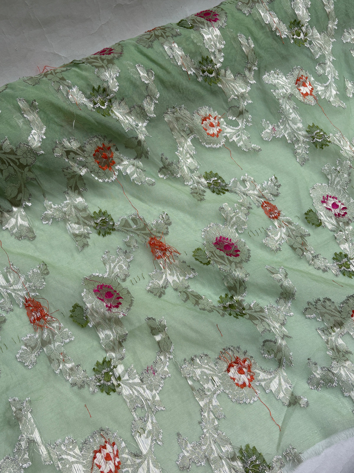 Sari Embroidered Fabric, Patterned, Green, Light Weight, End of Roll