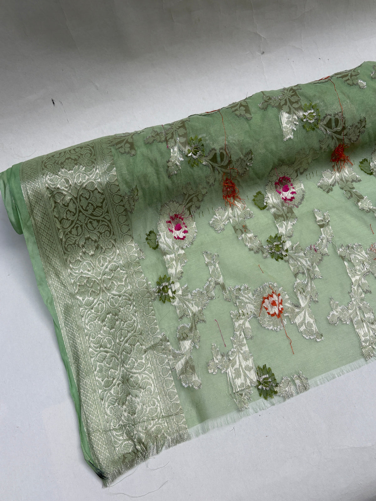 Sari Embroidered Fabric, Patterned, Green, Light Weight, End of Roll