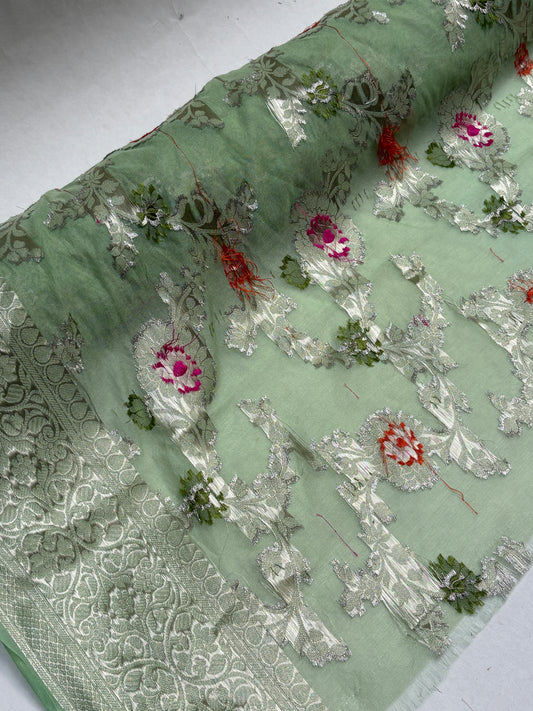 Sari Embroidered Fabric, Patterned, Green, Light Weight, End of Roll