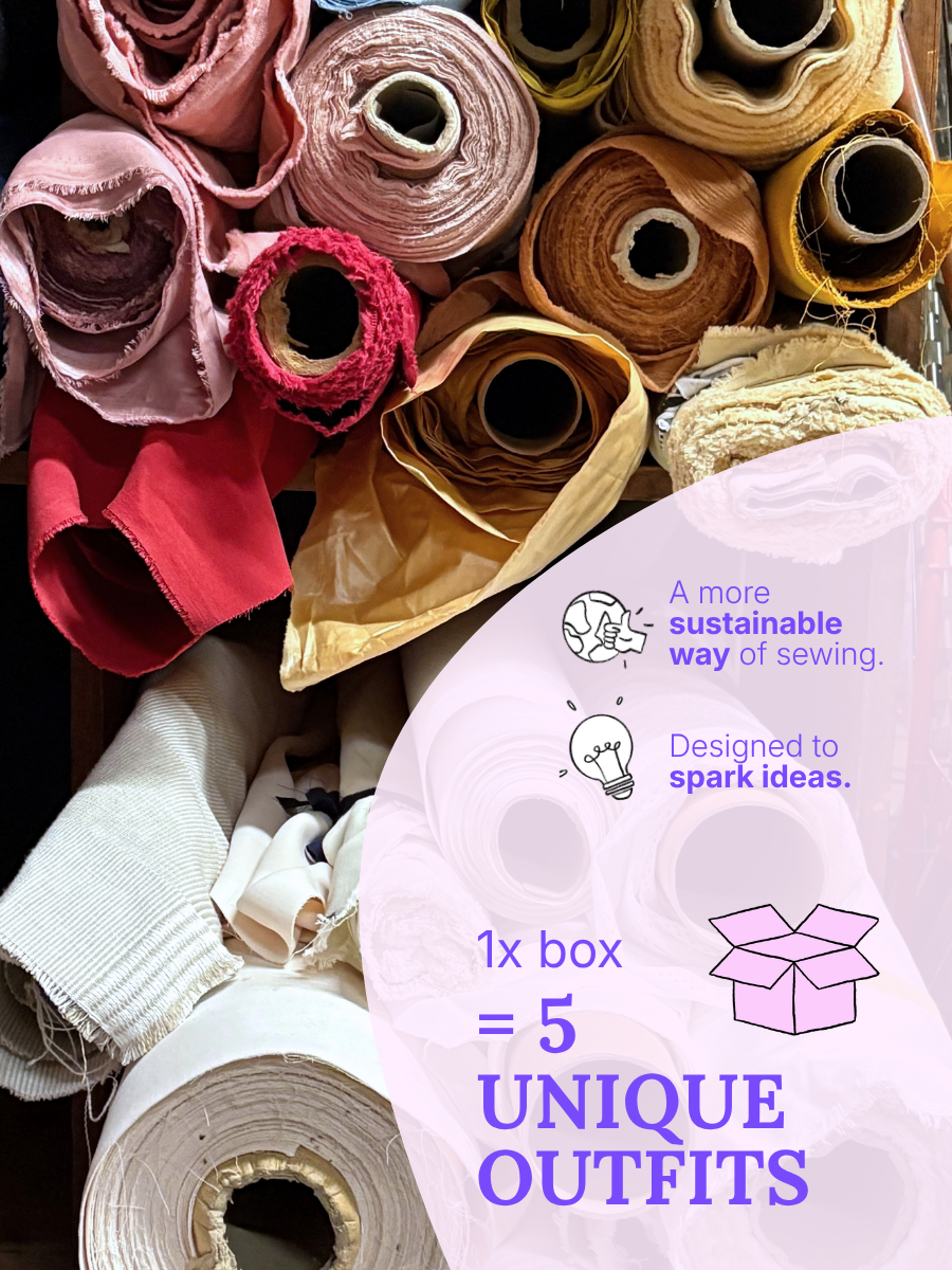 Rolled fabric lengths in assorted colours with sustainable sewing promotional text