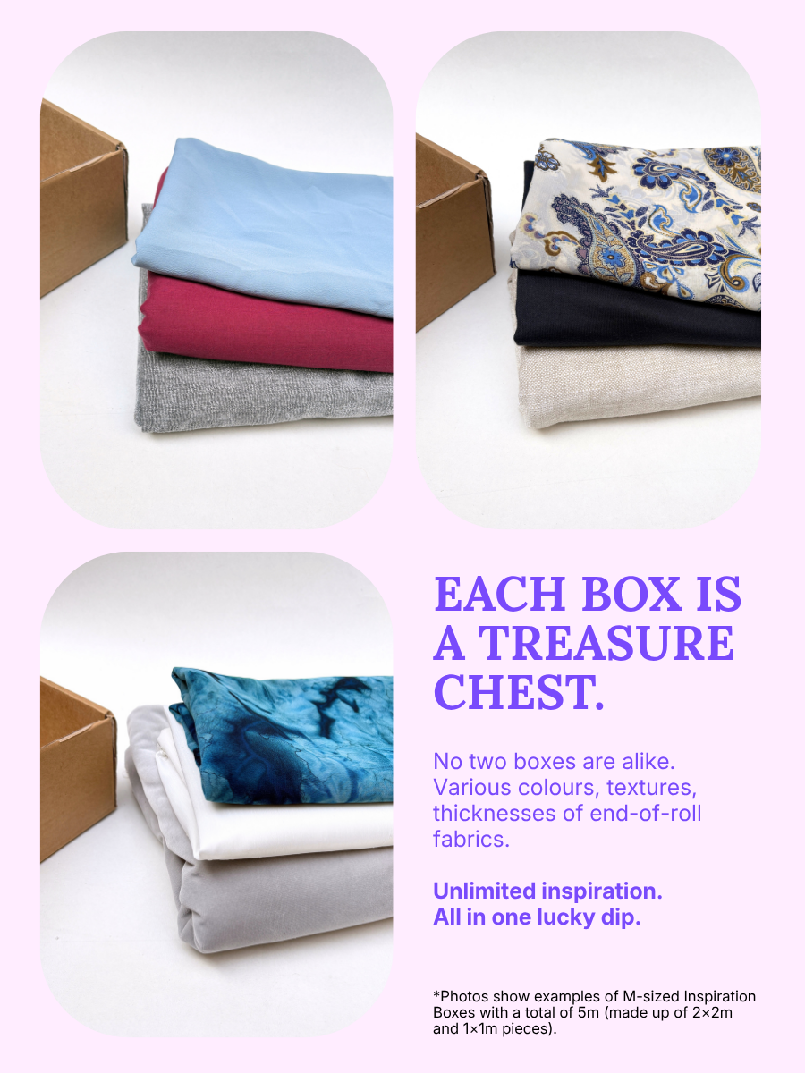 Folded end-of-roll fabric bundles beside fabric inspiration boxes.