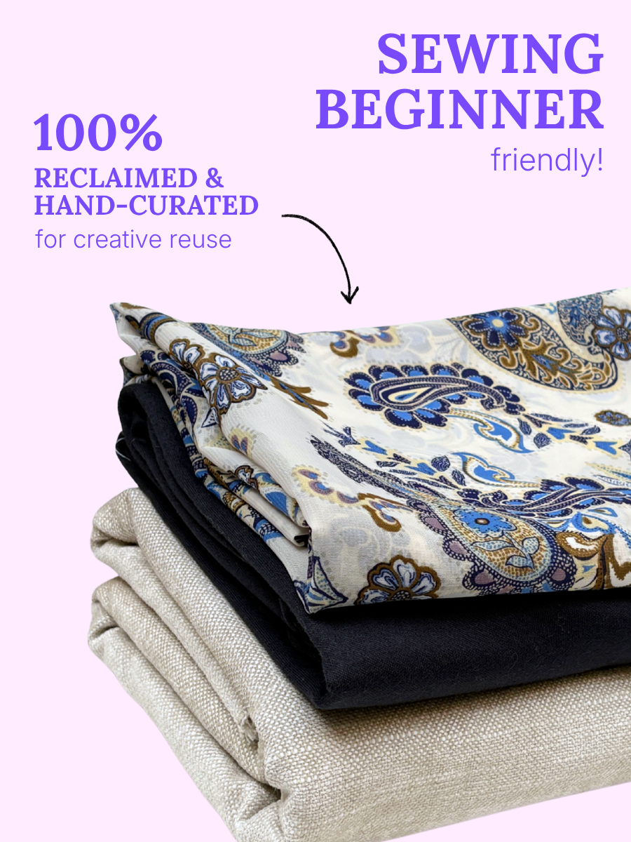 Folded reclaimed fabrics in assorted textures, beginner-friendly for sewing and creative reuse.
