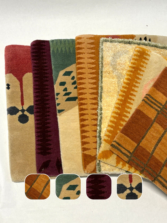 Patterned fabric swatches in warm tones displayed with design detail thumbnails.