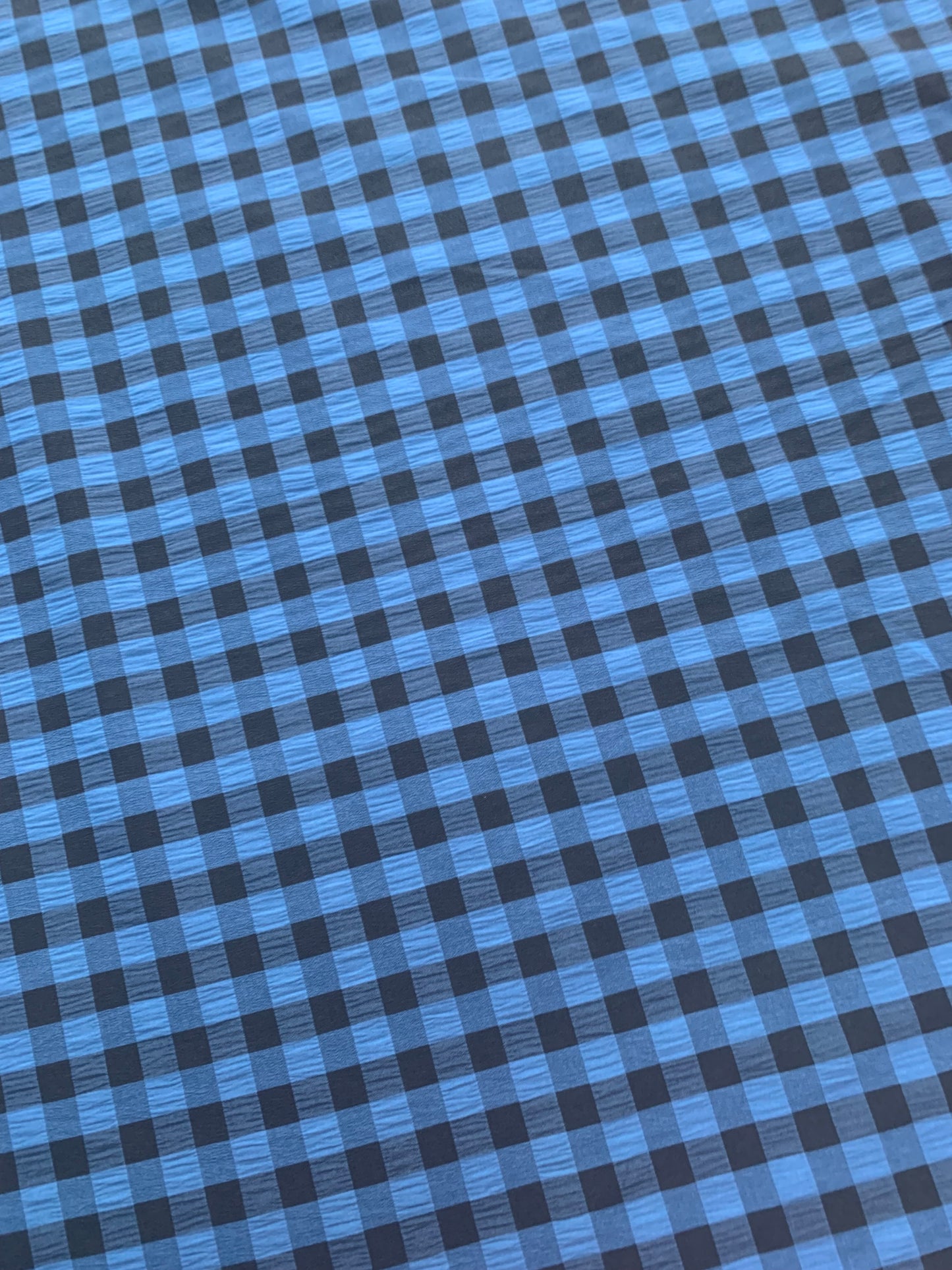 Black and blue gingham fabric is shown in close-up