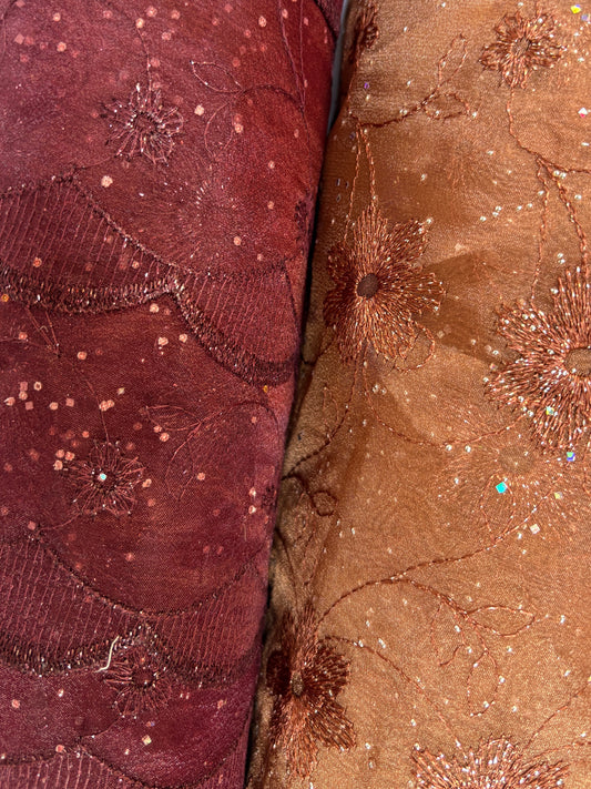 Fabric, Embroidery Lace, Bronze/Burgundy, End of Roll