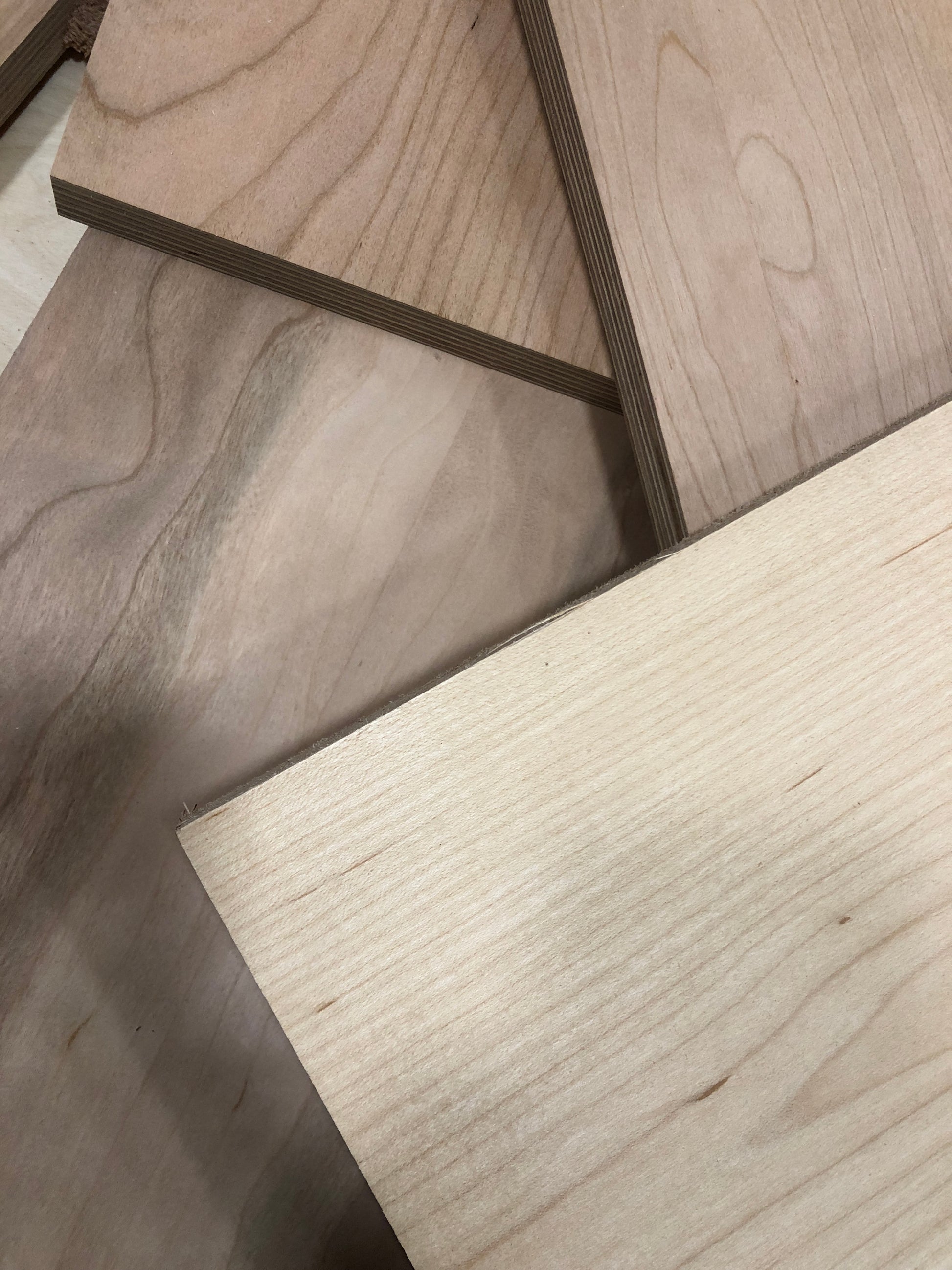 Close-up of various-sized off-cut plywood