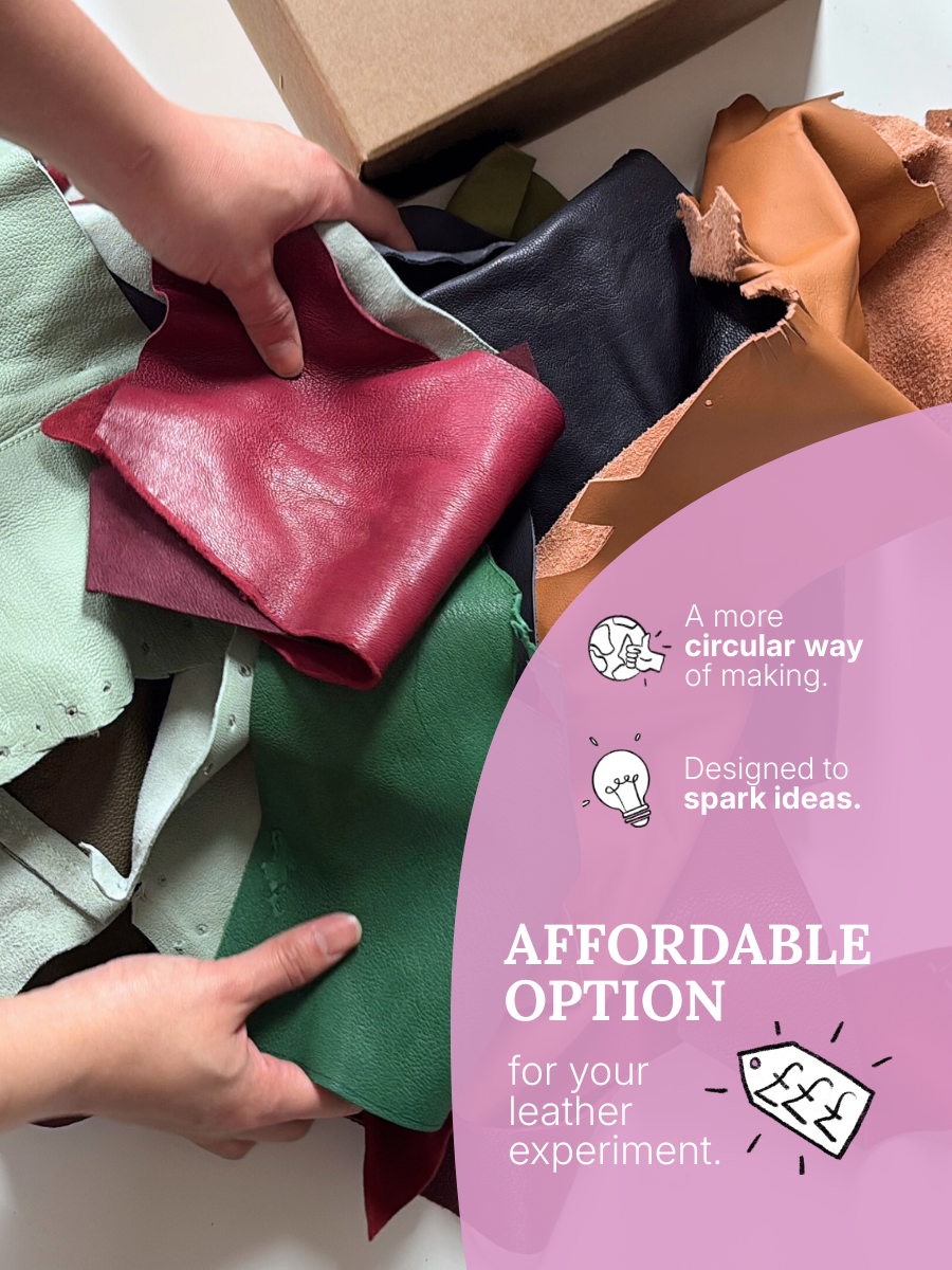 affordability and sustainability graphic over image of leather offcuts