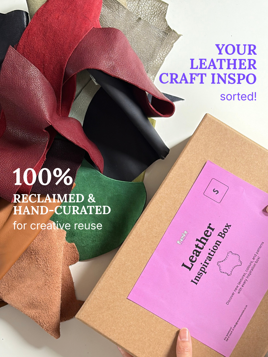 Leather samples in various colors with a box labeled 'Leather Inspiration Box' on a light background.