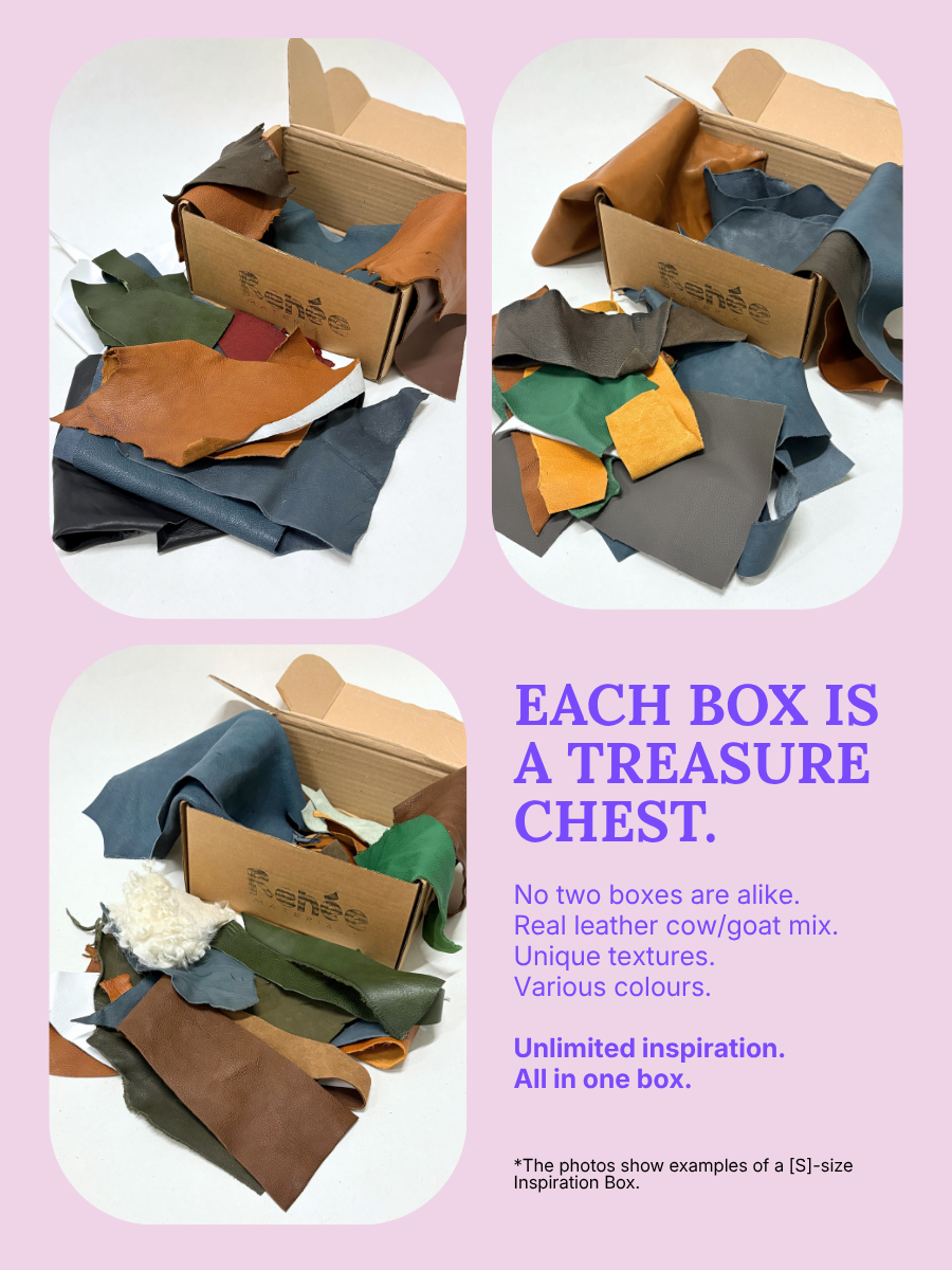 Three boxes of assorted leather pieces with a promotional message on a pink background.