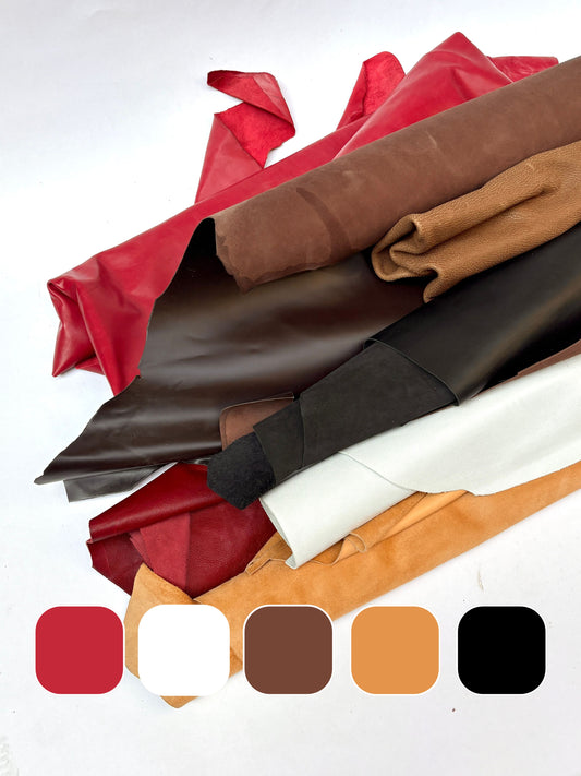 Stack of rolls of leather in various colors with color swatches below.