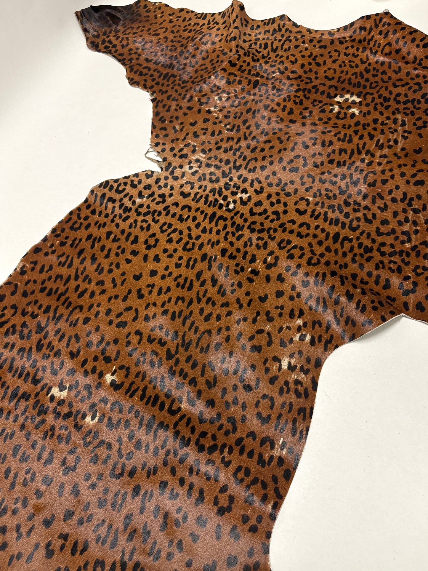 Leopard print leather piece on a white background
