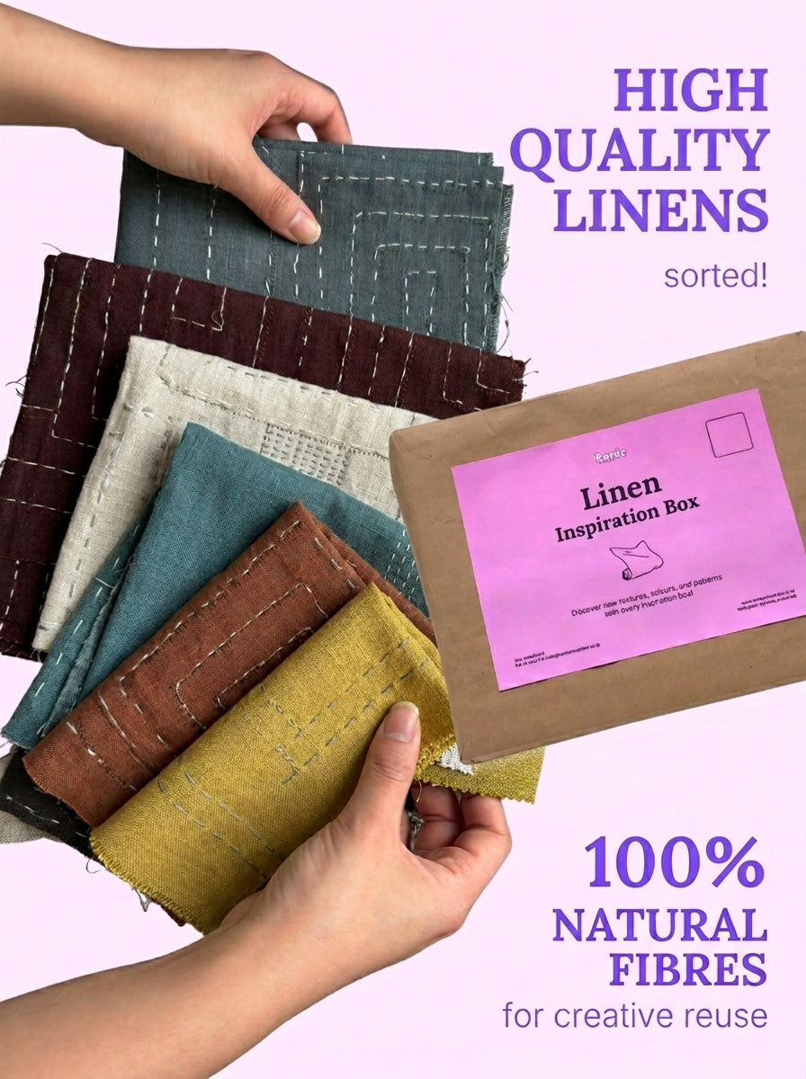 A set of sorted, high-quality natural linen fabrics in various colors (green, brown, beige, yellow, blue) held by two hands next to a brown kraft paper box labeled 'Linen Inspiration Box' on a light purple background with promotional text.