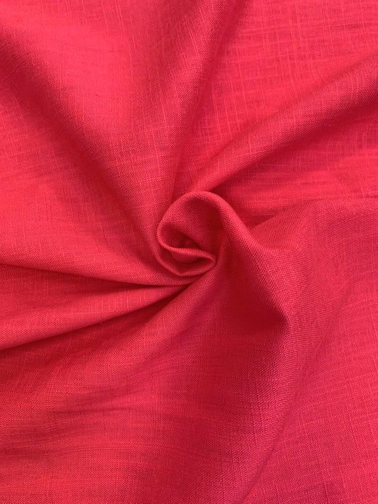 Lipstick pink viscose linen deadstock fabric shown with a natural textured finish.