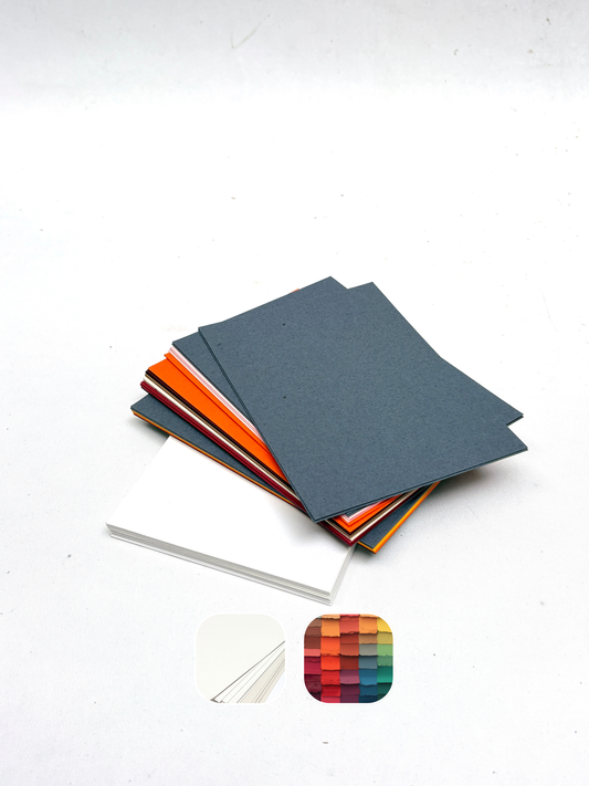 Stacked coloured paper sheets displayed on a white background with detail thumbnails.