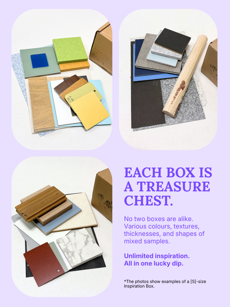 Purple promotional graphic showing sample materials and text panels
