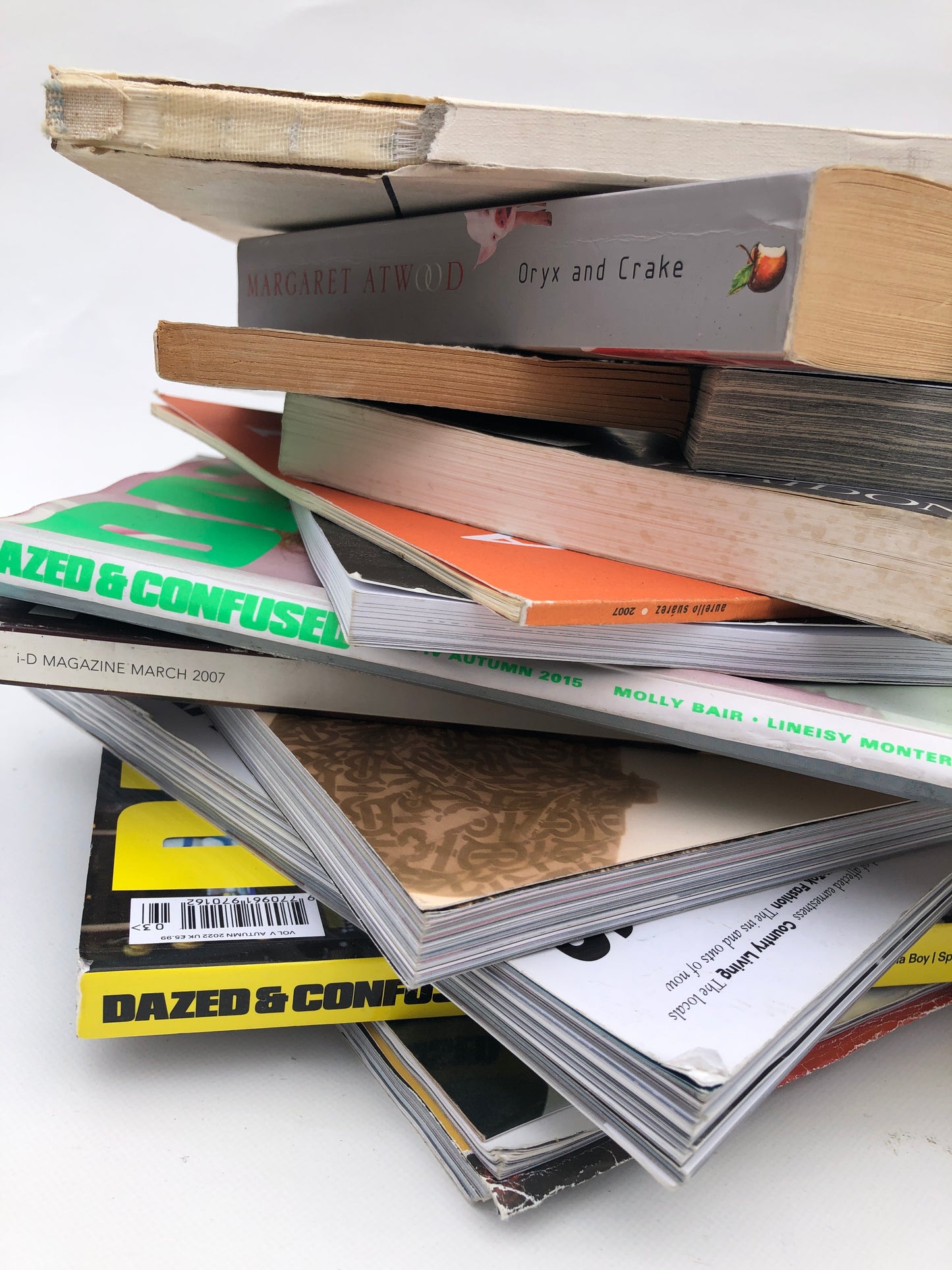 Close-up of piles of paper magazines and books, some torn and stained 