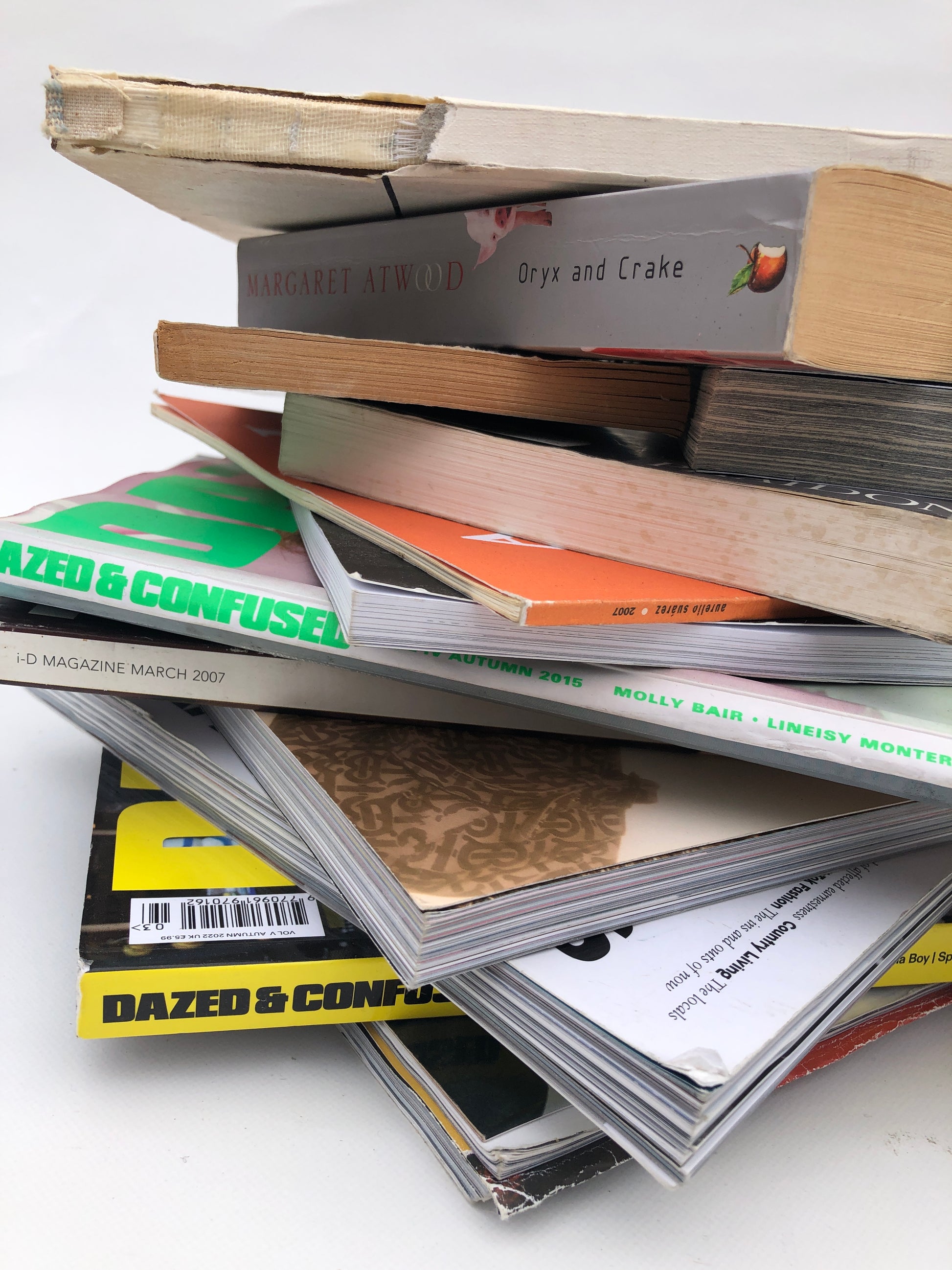 Close-up of piles of paper magazines and books, some torn and stained 