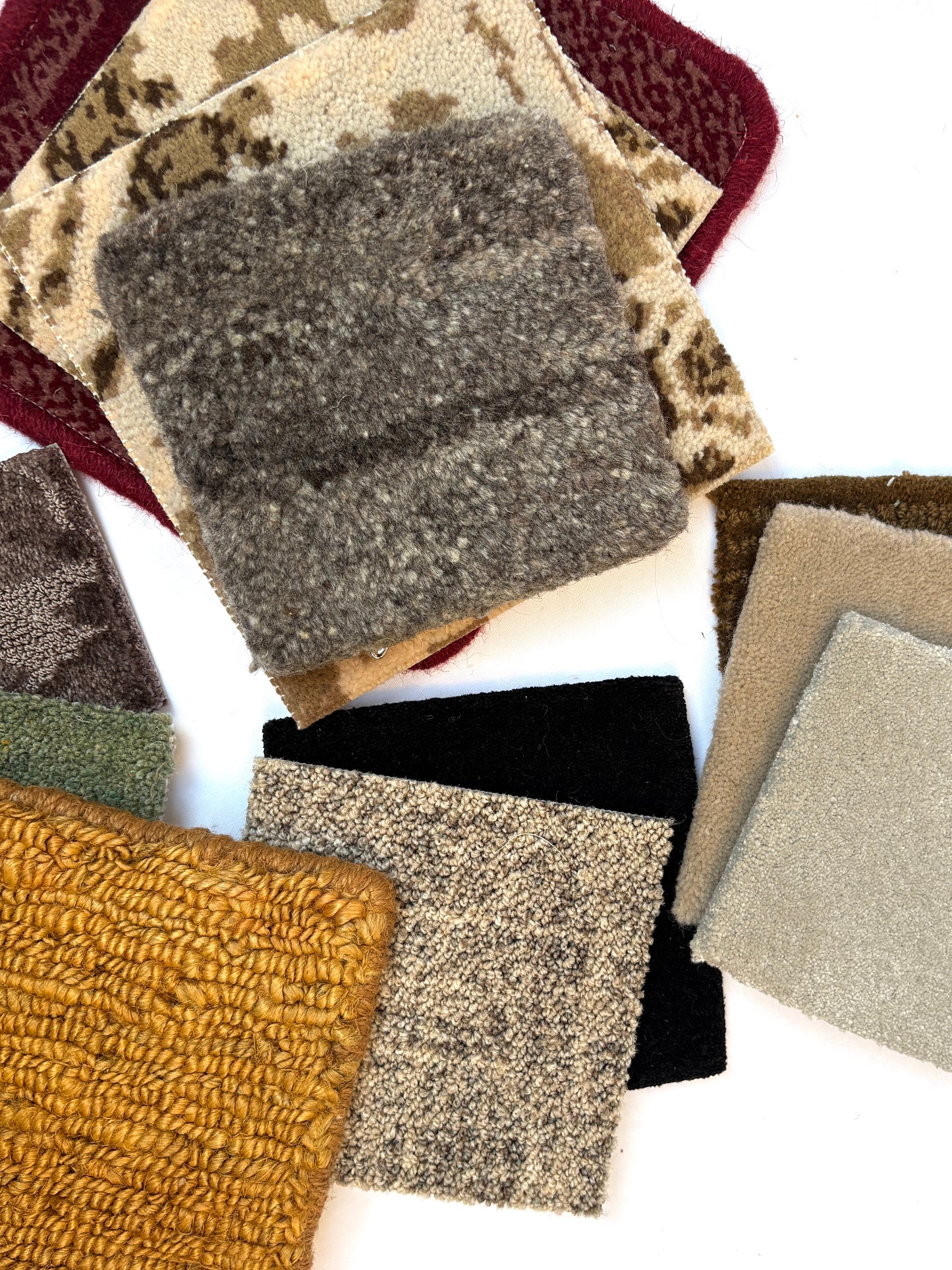 Textured fabric and surface samples are shown in detail on white