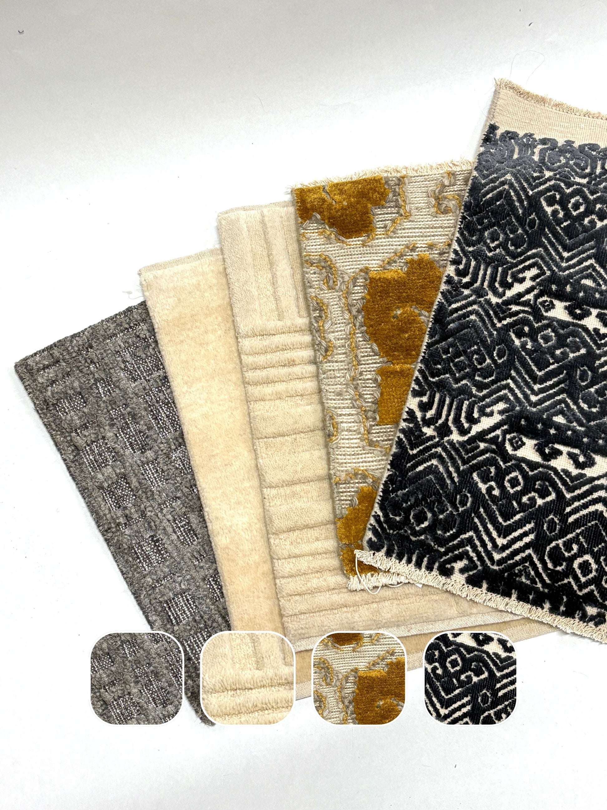 Patterned fabric swatches in neutral tones displayed with detail close-up thumbnails.
