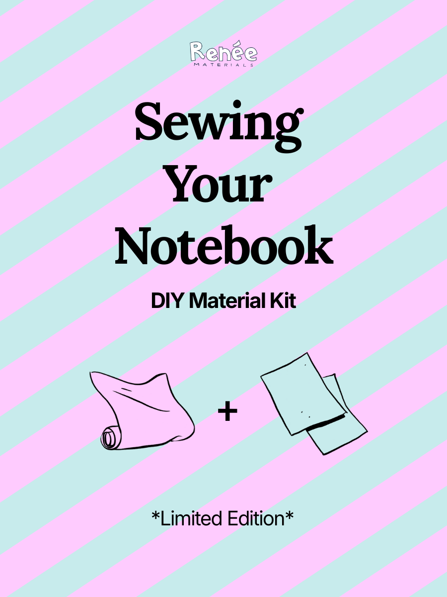 Promotional graphic for a limited edition sewing notebook DIY material kit.