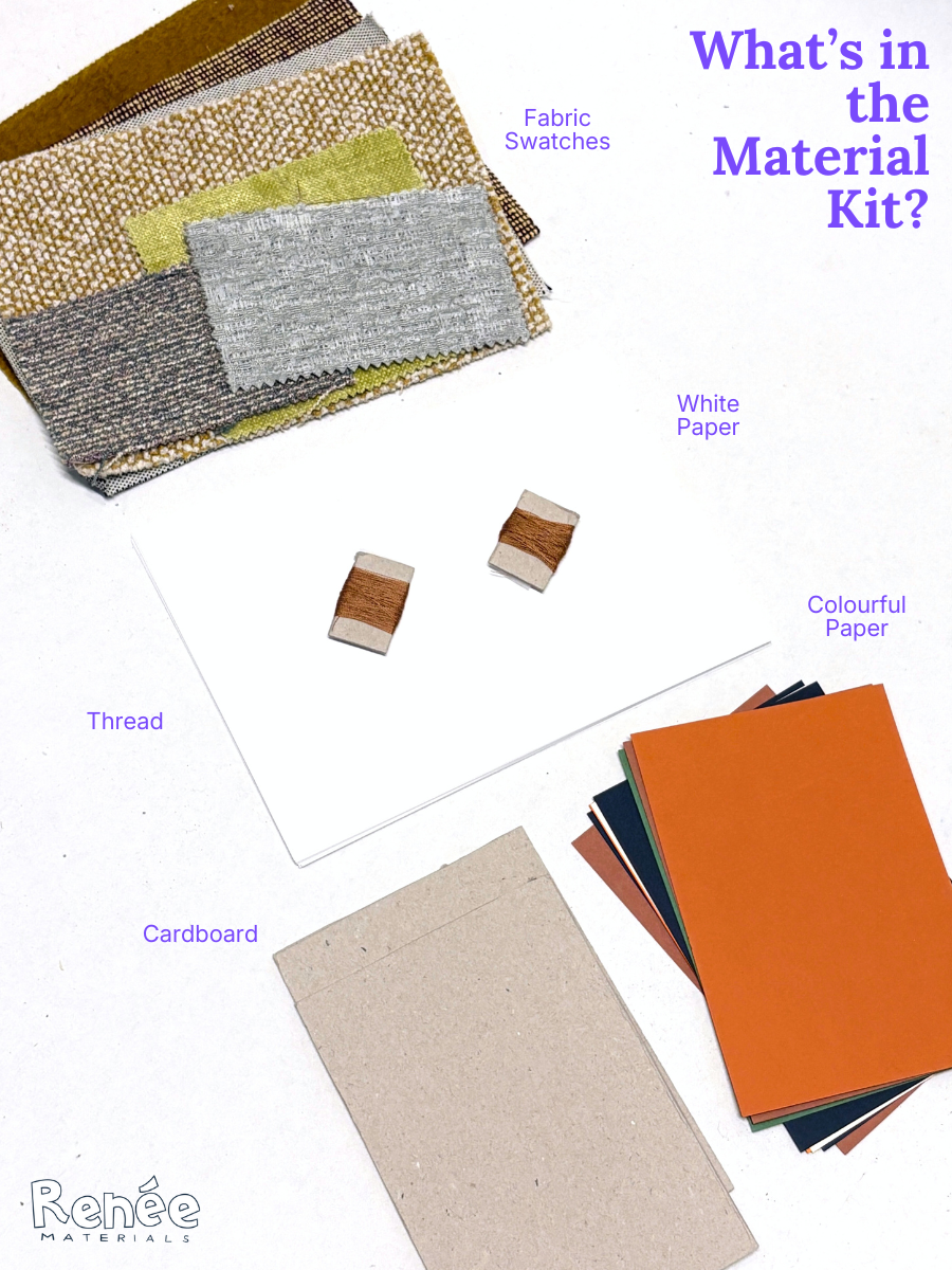 Flat lay of sewing kit materials including fabric swatches, thread, paper and cardboard.