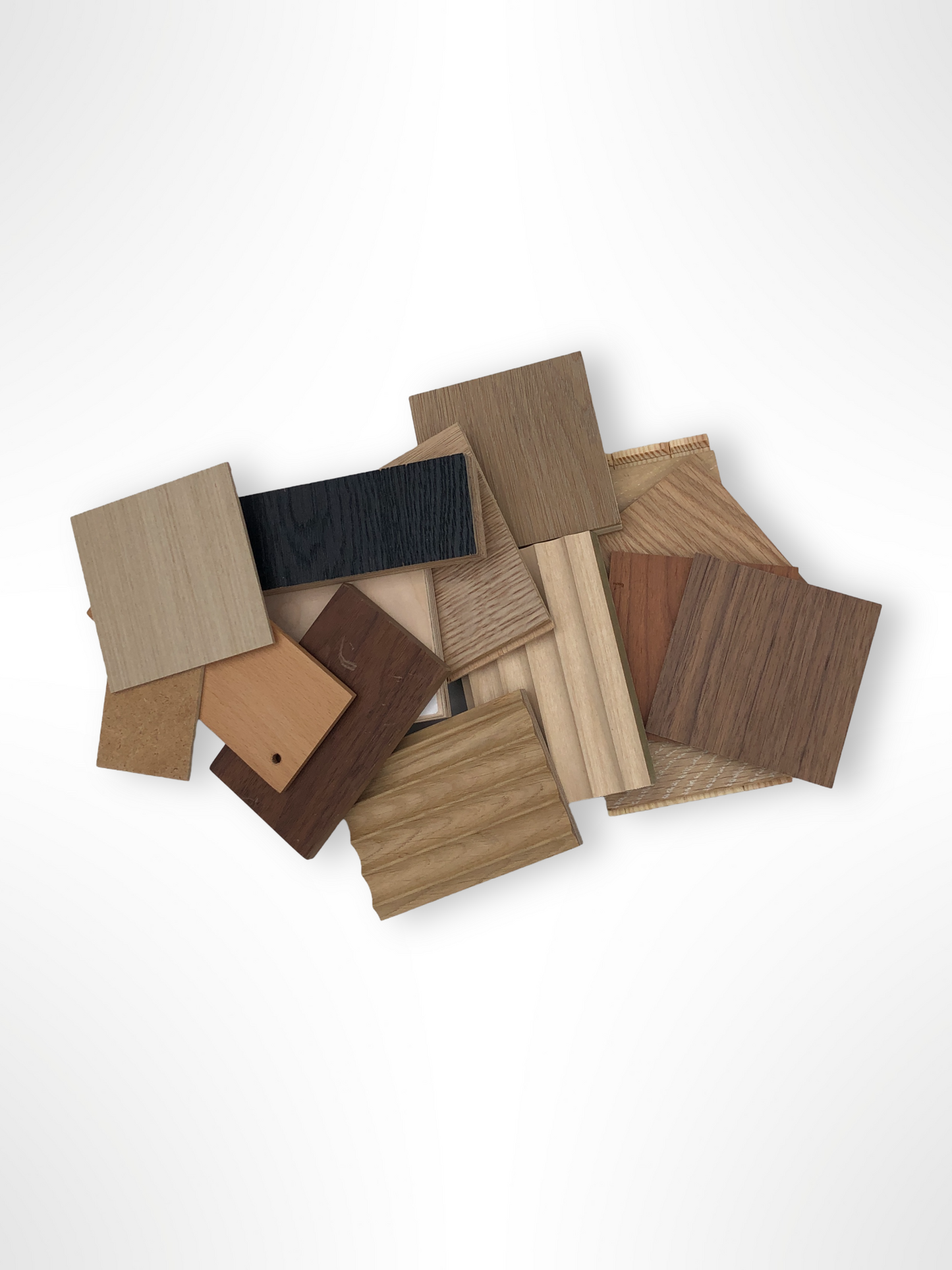 Wood sample pieces are displayed in grouped and spread-out arrangements