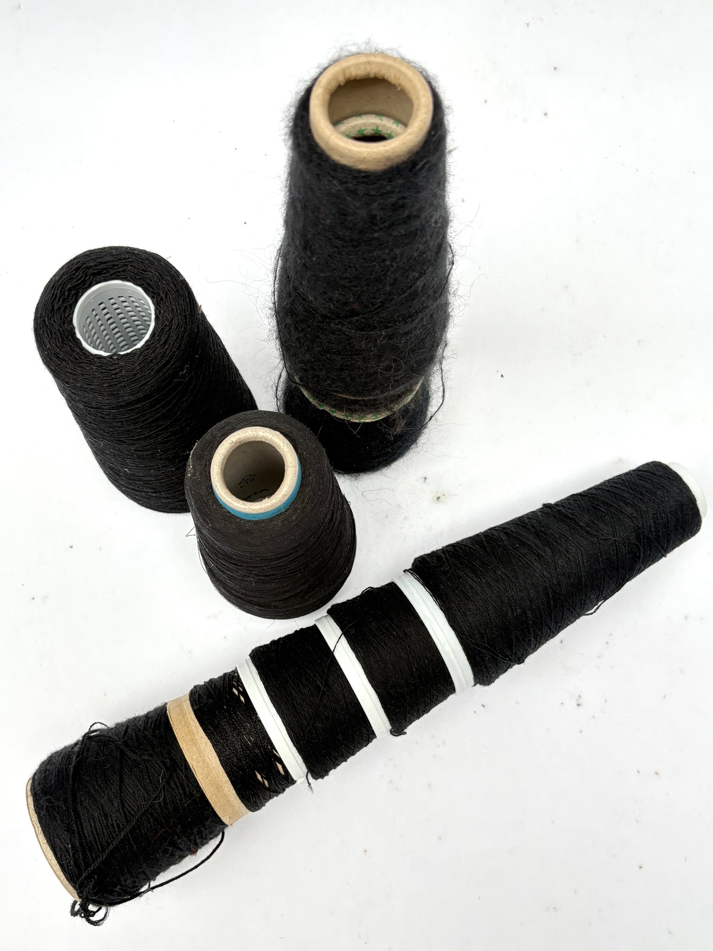 Close-up views show black thread cones in different sizes