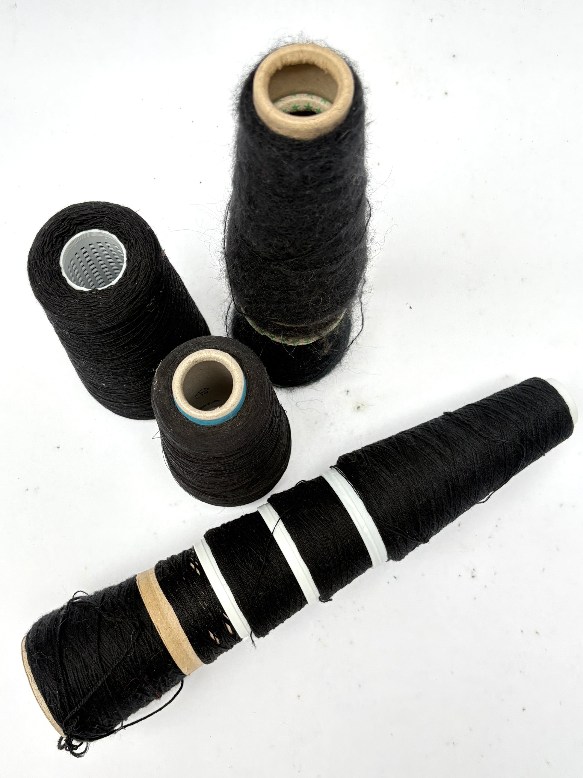 Close-up views show black thread cones in different sizes