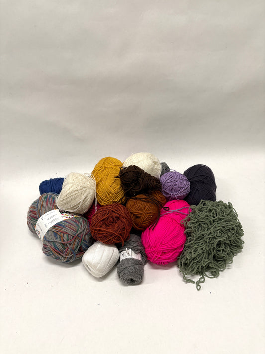 Assorted colorful yarn balls on a white background