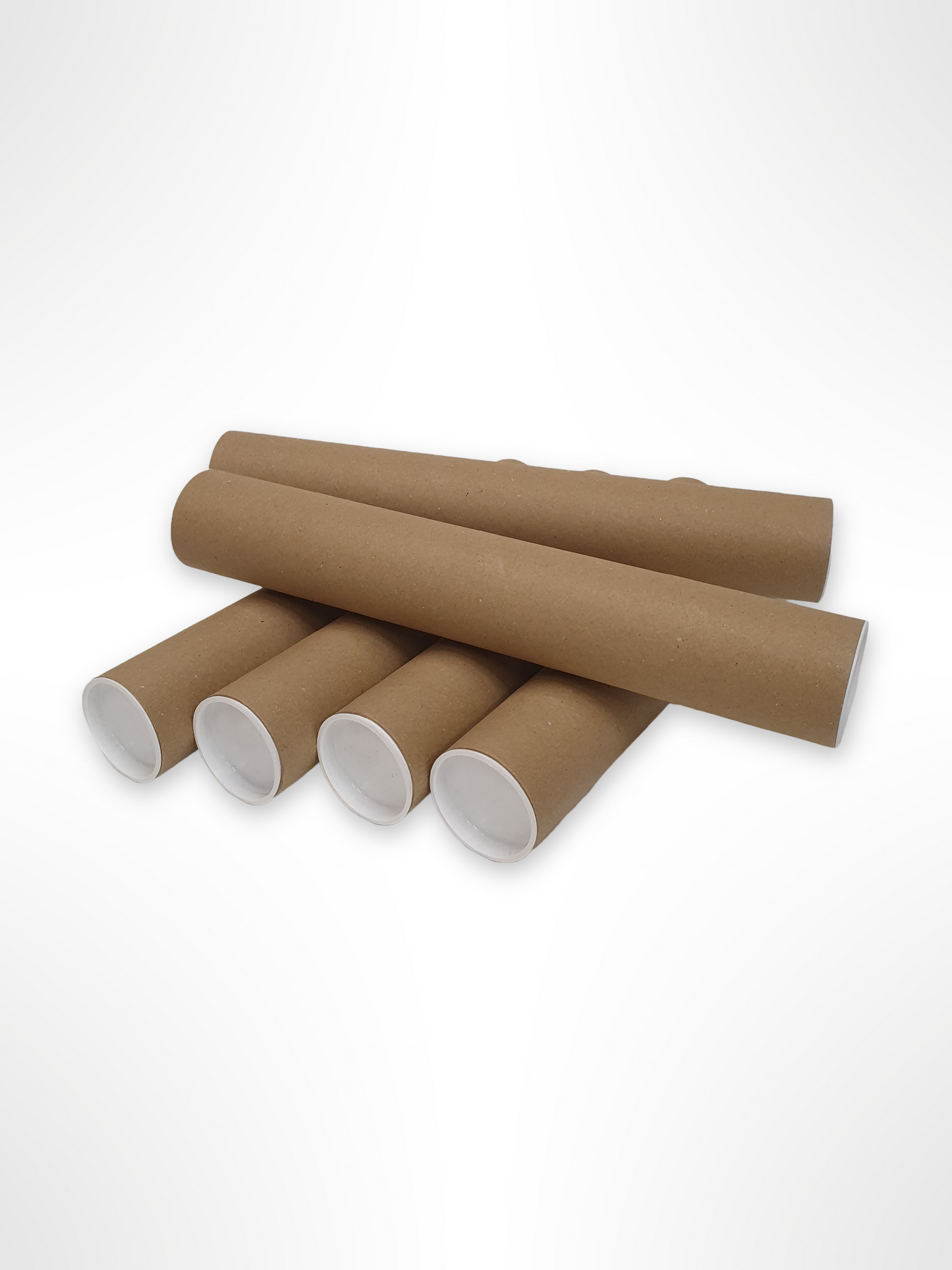 A stack of six brown cardboard paper packing tubes.
