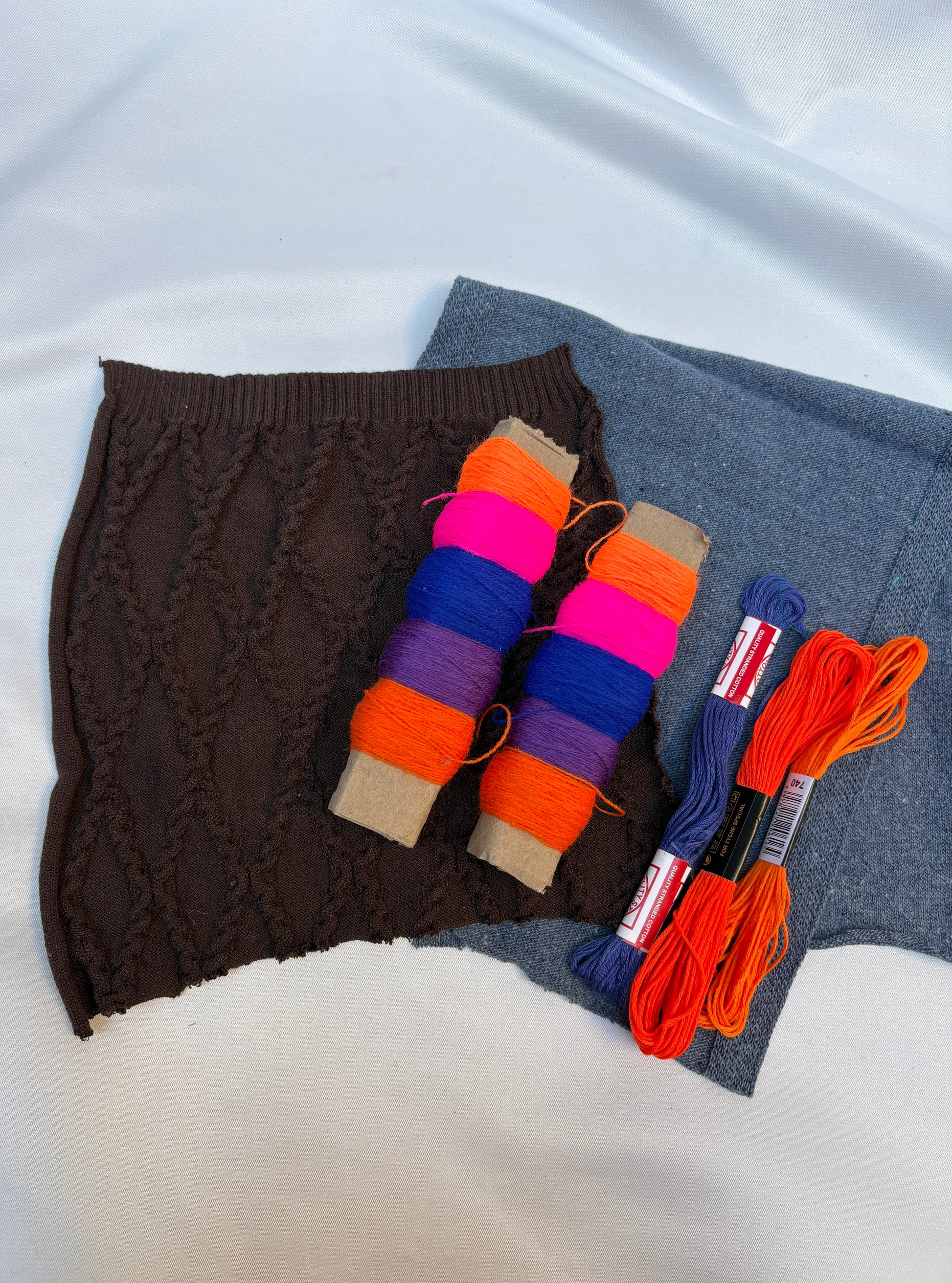Textured fabric swatches with bright thread spools and embroidery floss.