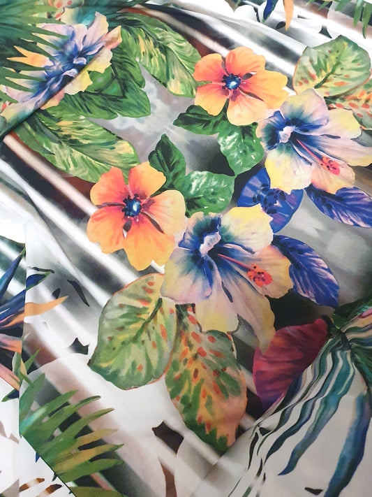 Close-up of elastic fabric with floral prints