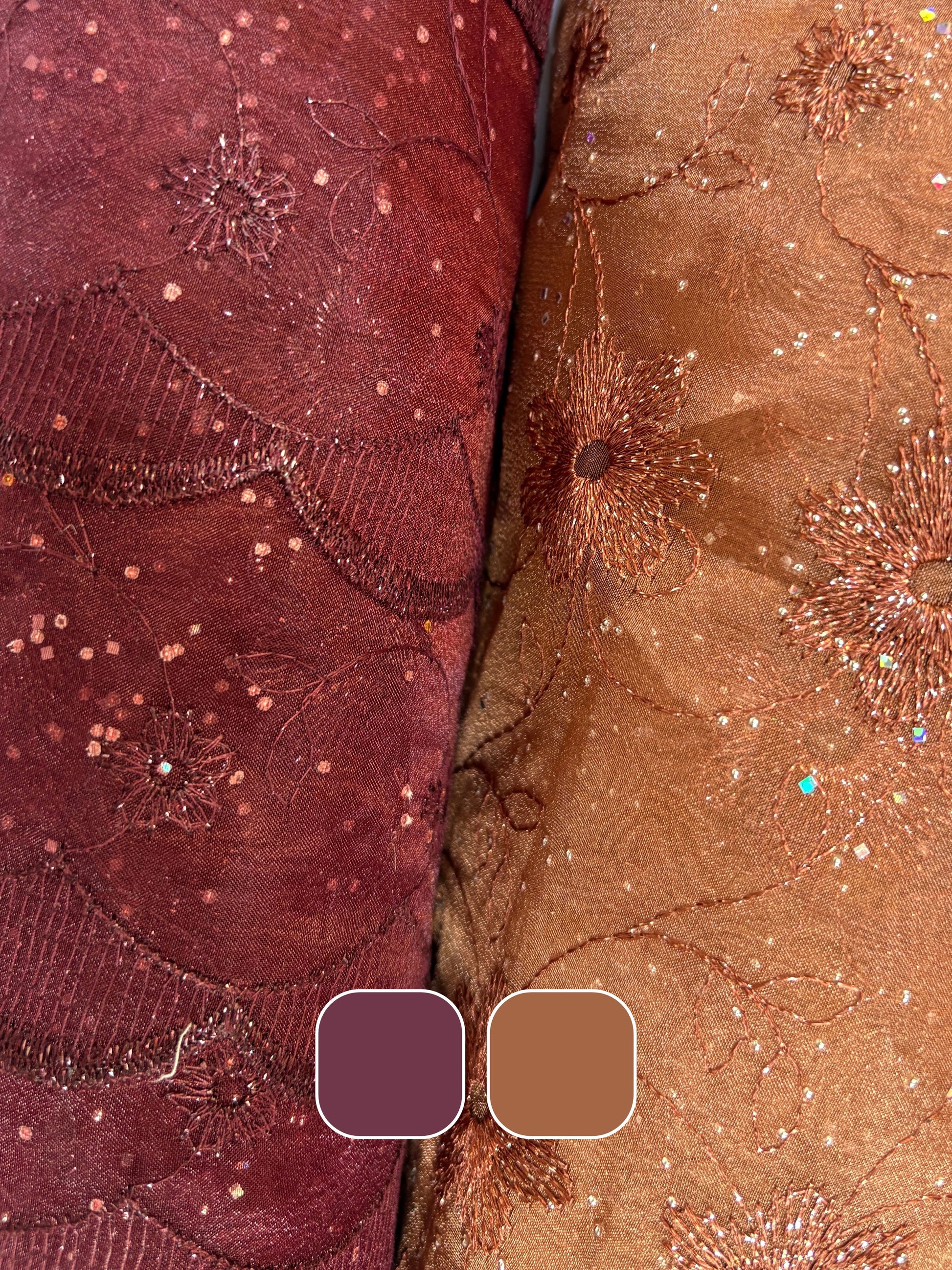 Close-up of embroidered lace fabric with floral patterns in bronze and burgundy with colour swatch below 