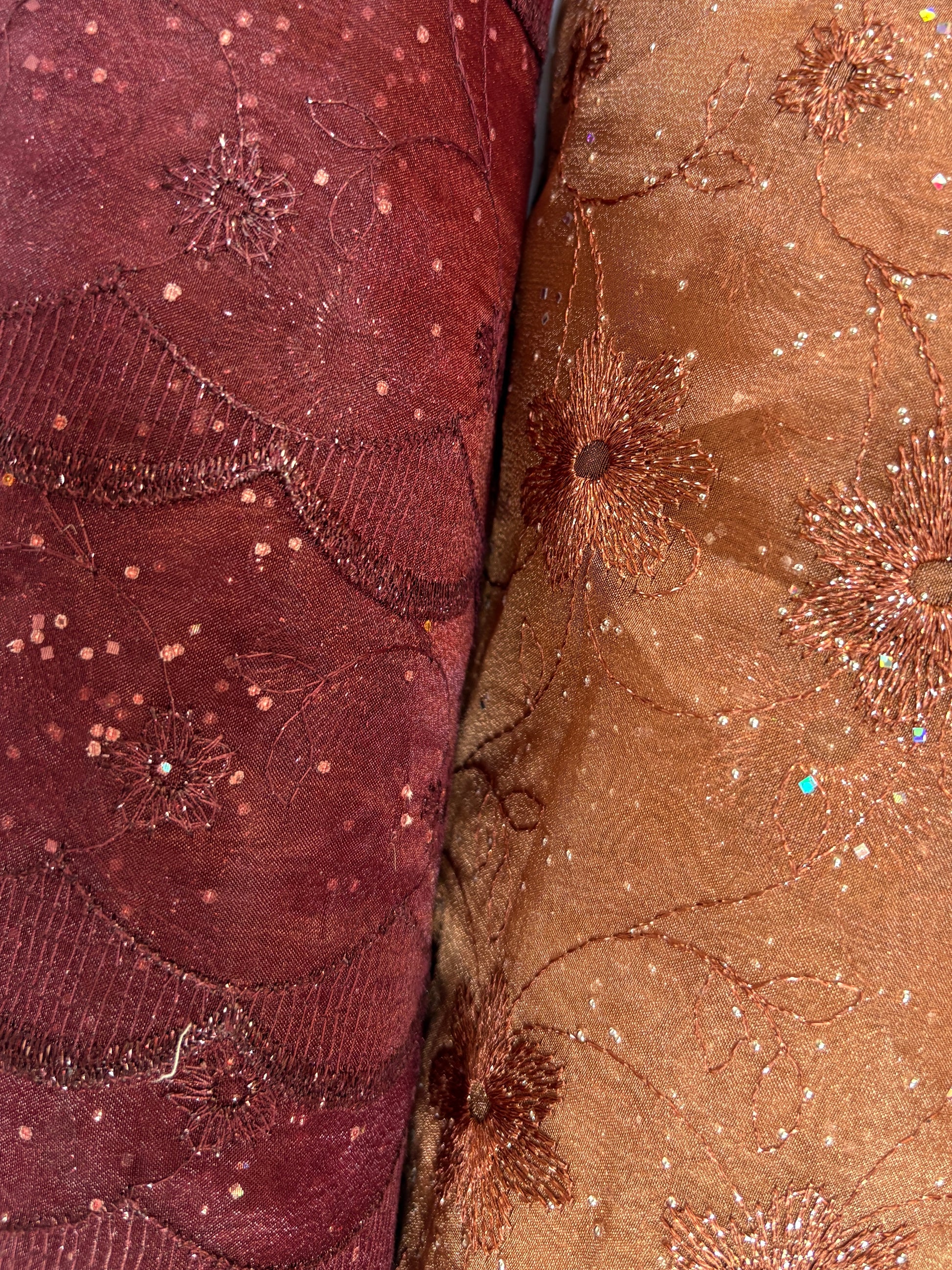 Close-up of embroidered fabric with floral patterns in brown and red tones.
