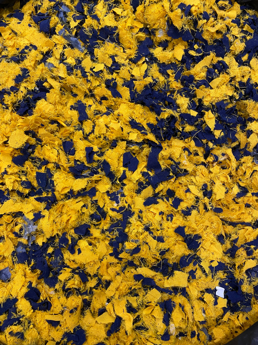 Shredded fibres textiles fabric in navy mustard 