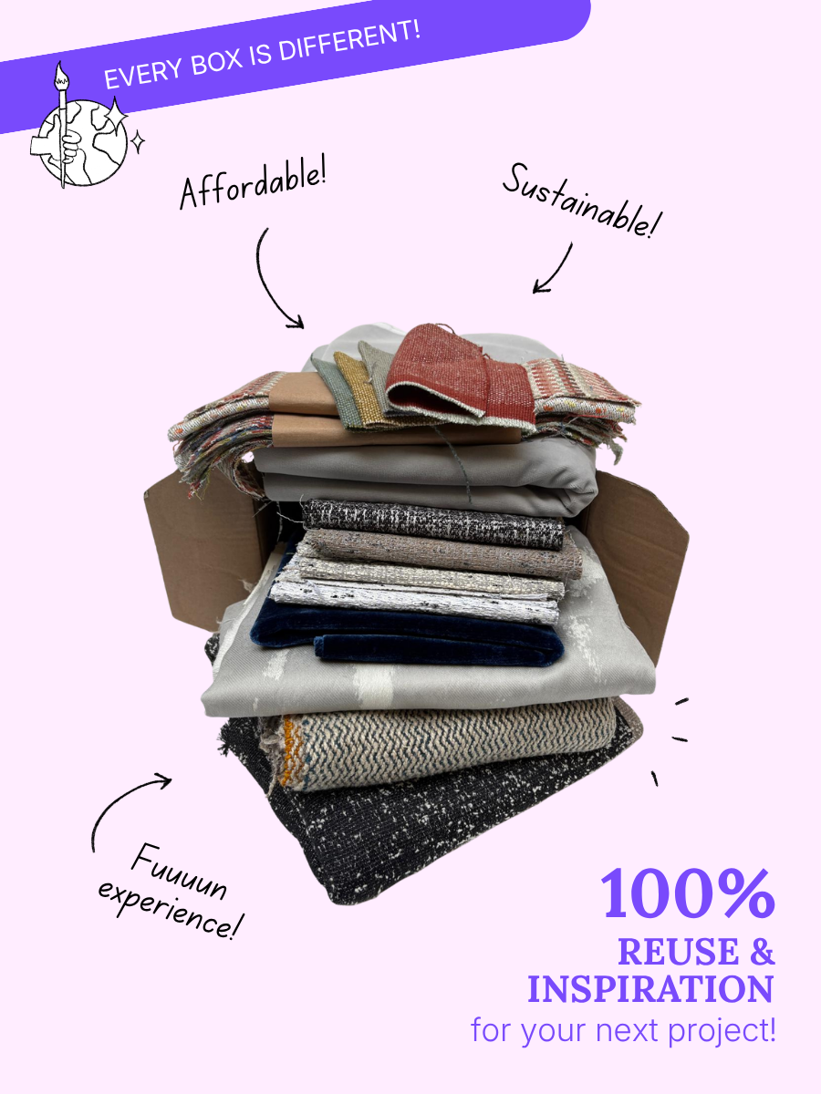 Stack of fabric swatches in a cardboard box with promotional text on a light purple background