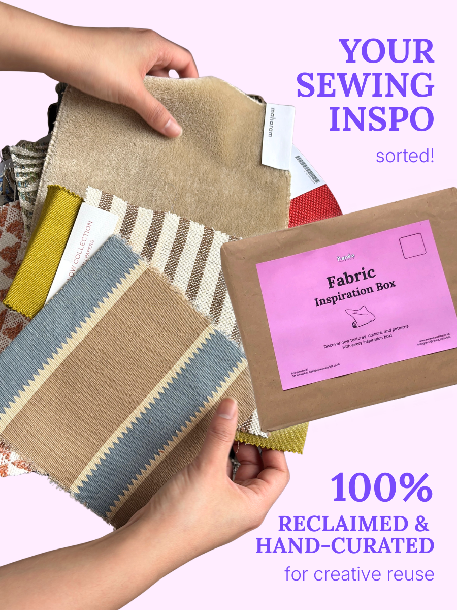 Fabric samples and a box labeled 'Fabric Inspiration Box' with text about 100% reclaimed and hand-curated fabrics.