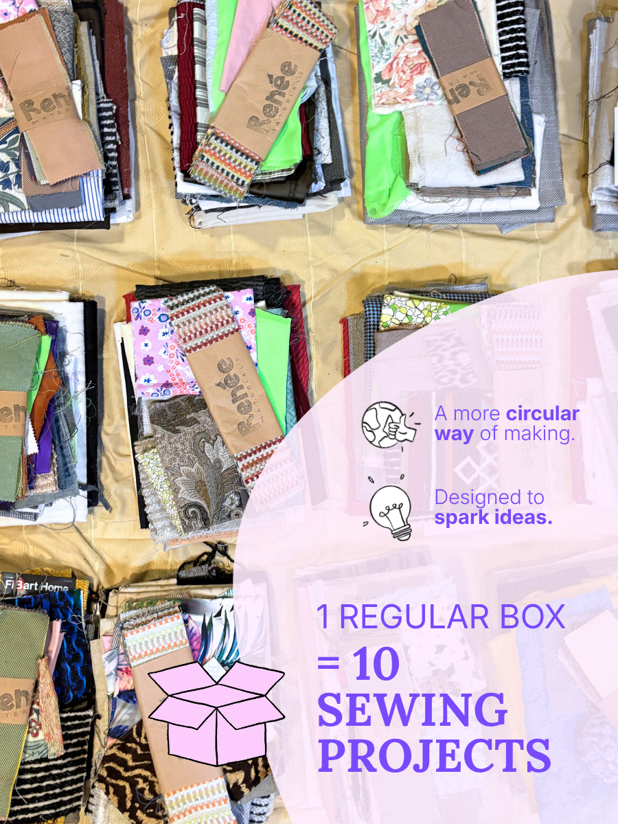 A promotional collage showing multiple folded sewing fabric bundles arranged on a beige surface, with a large translucent pink overlay containing text that reads '1 REGULAR BOX = 10 SEWING PROJECTS' and icons describing a circular way of making and designed to spark ideas.