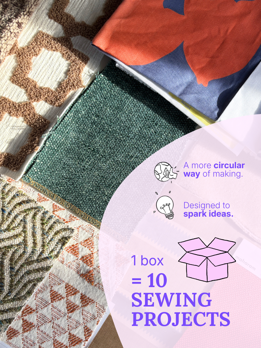 Collection of fabrics with text about sewing projects and upcycling design.