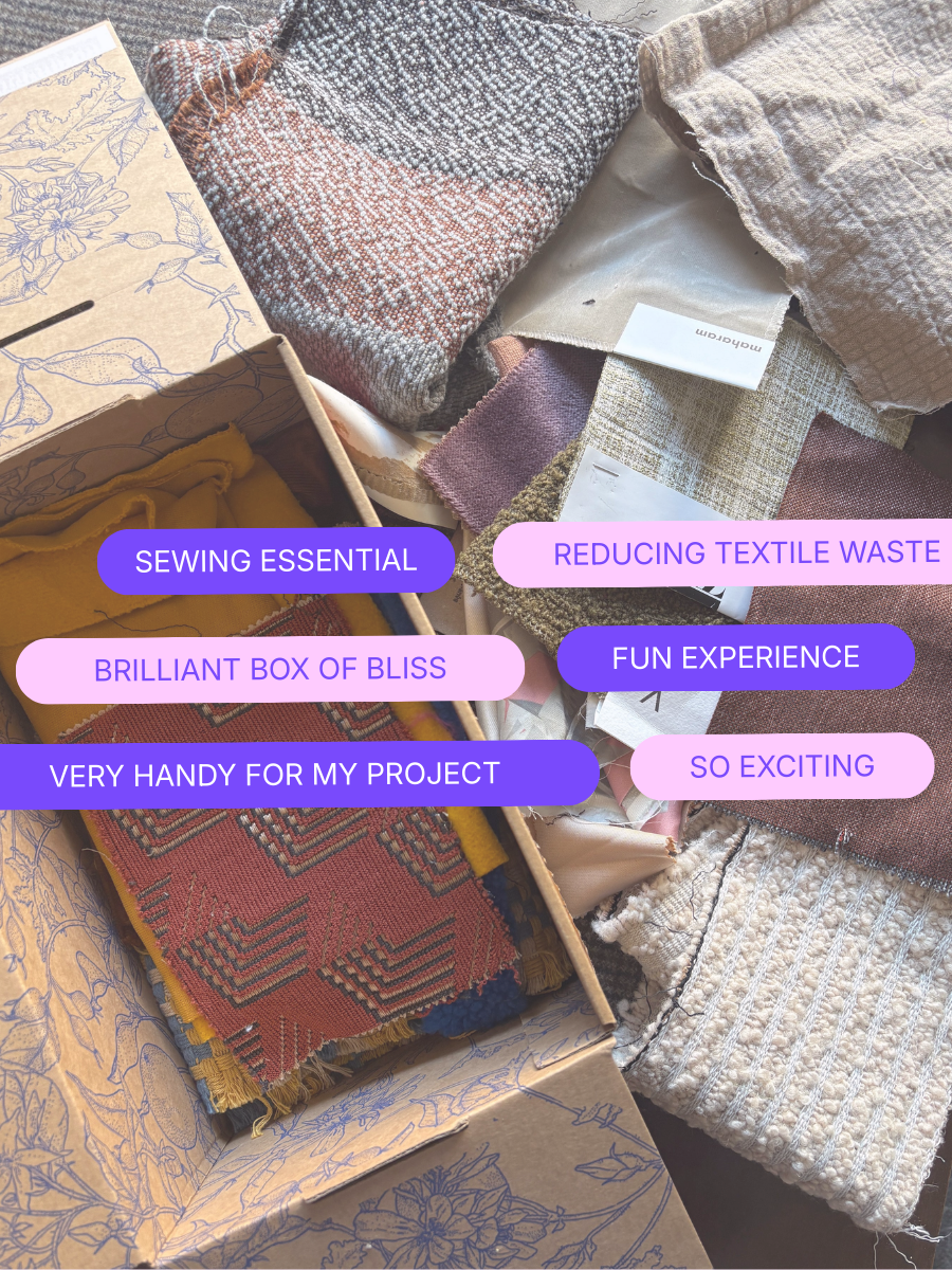 Box of fabric samples with text overlay on them